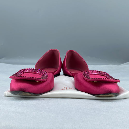 Roger Vivier Women's Hot Pink Satin Crystal Square Buckle Slingback Flat Mules Size 35.5