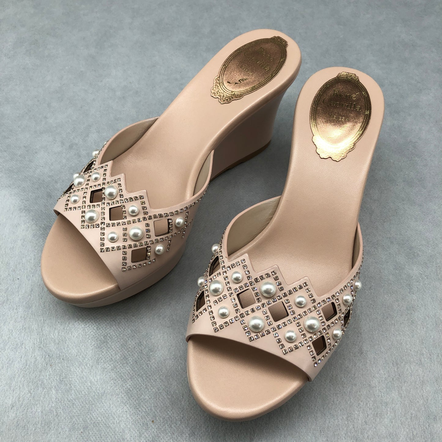 Rene Caovilla Blush Pink Pearl-Embellished Wedge Mules Size 35