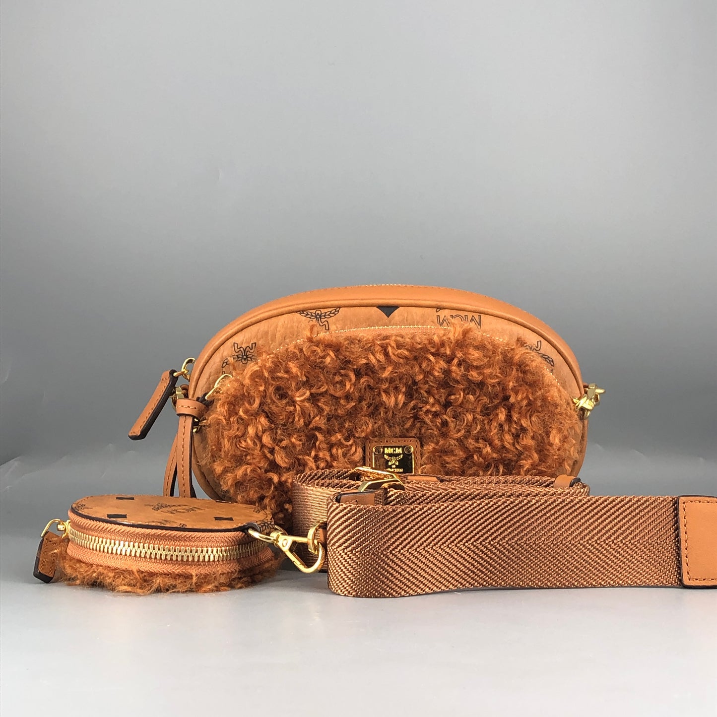 MCM Visetos Shearling Trim Oval Crossbody Camera Bag  Caramel