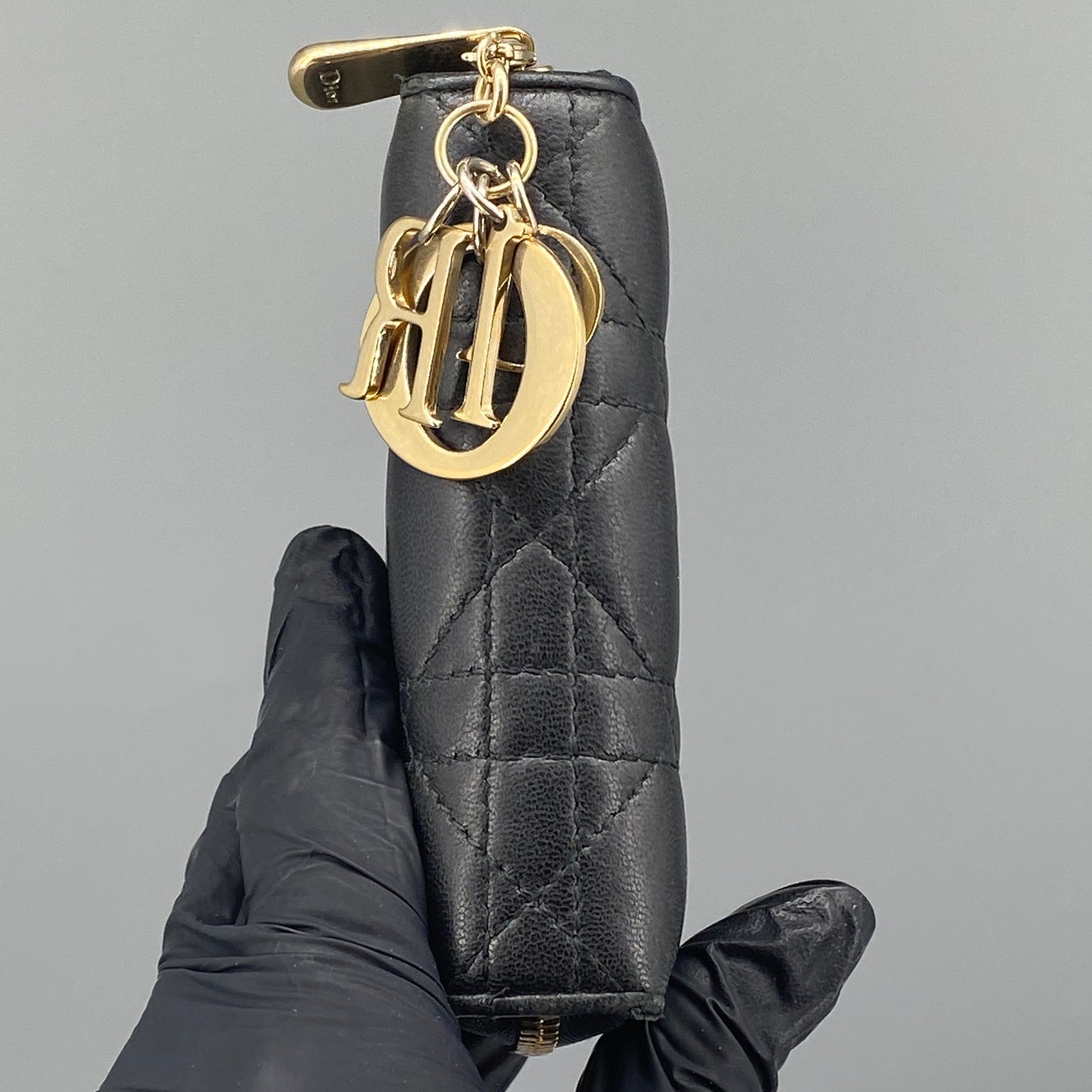 Christian Dior Black Cannage Quilted Zip‑Around Card Wallet