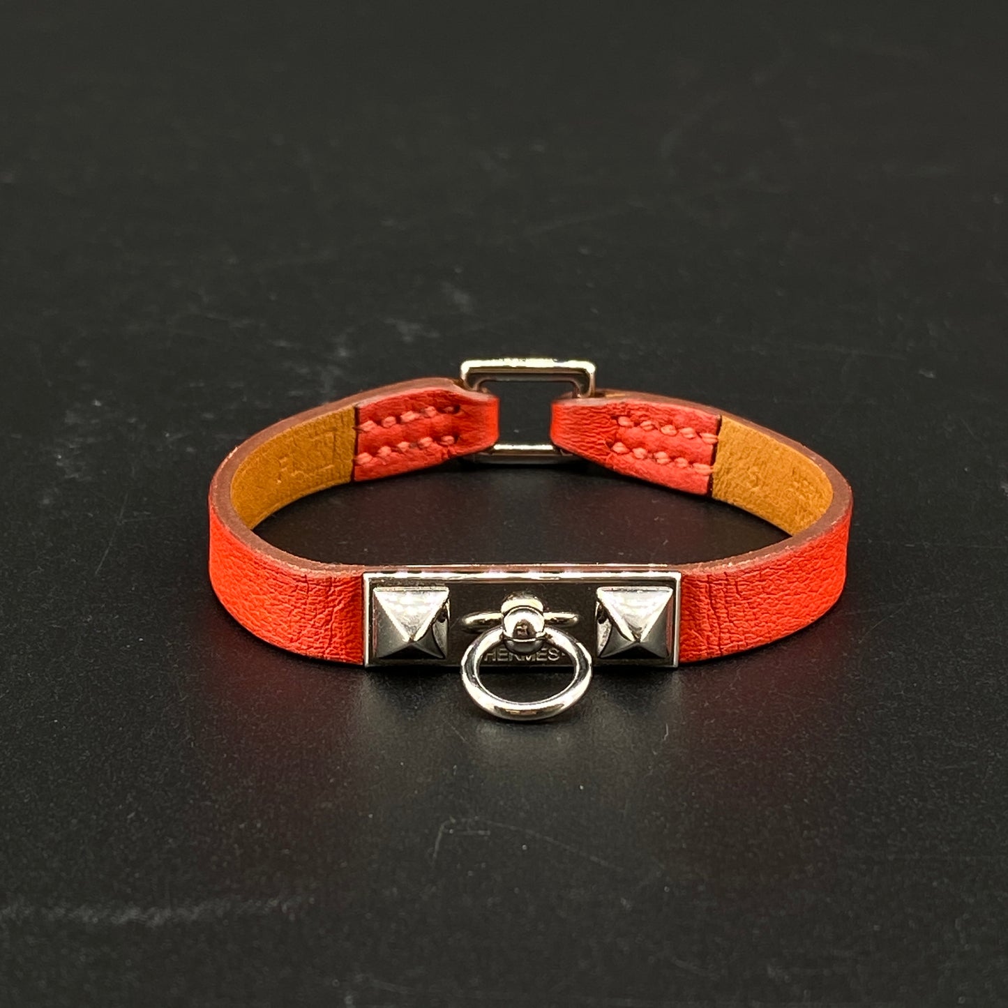 Hermes Reddy-Orange Leather Rivet Ring Bracelet