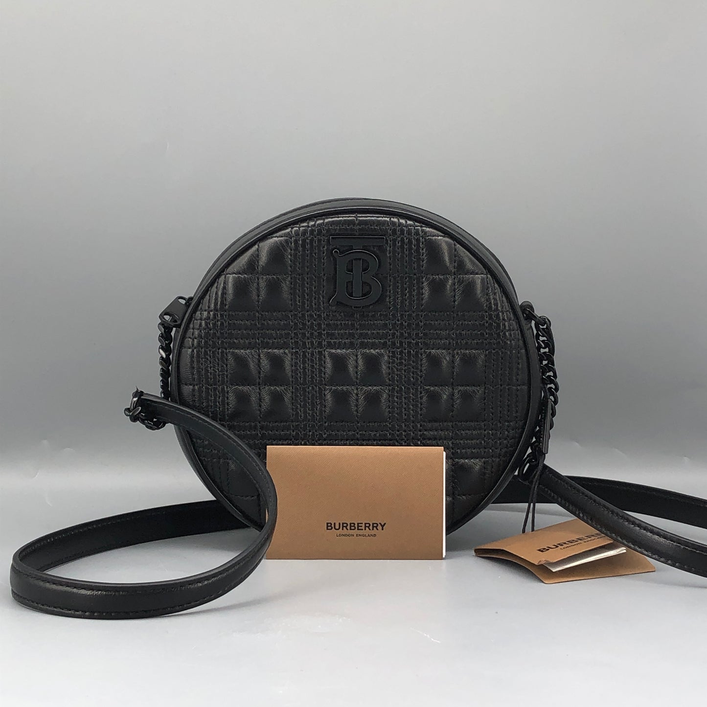 Burberry Quilted TB Leather Round Crossbody Bag Black