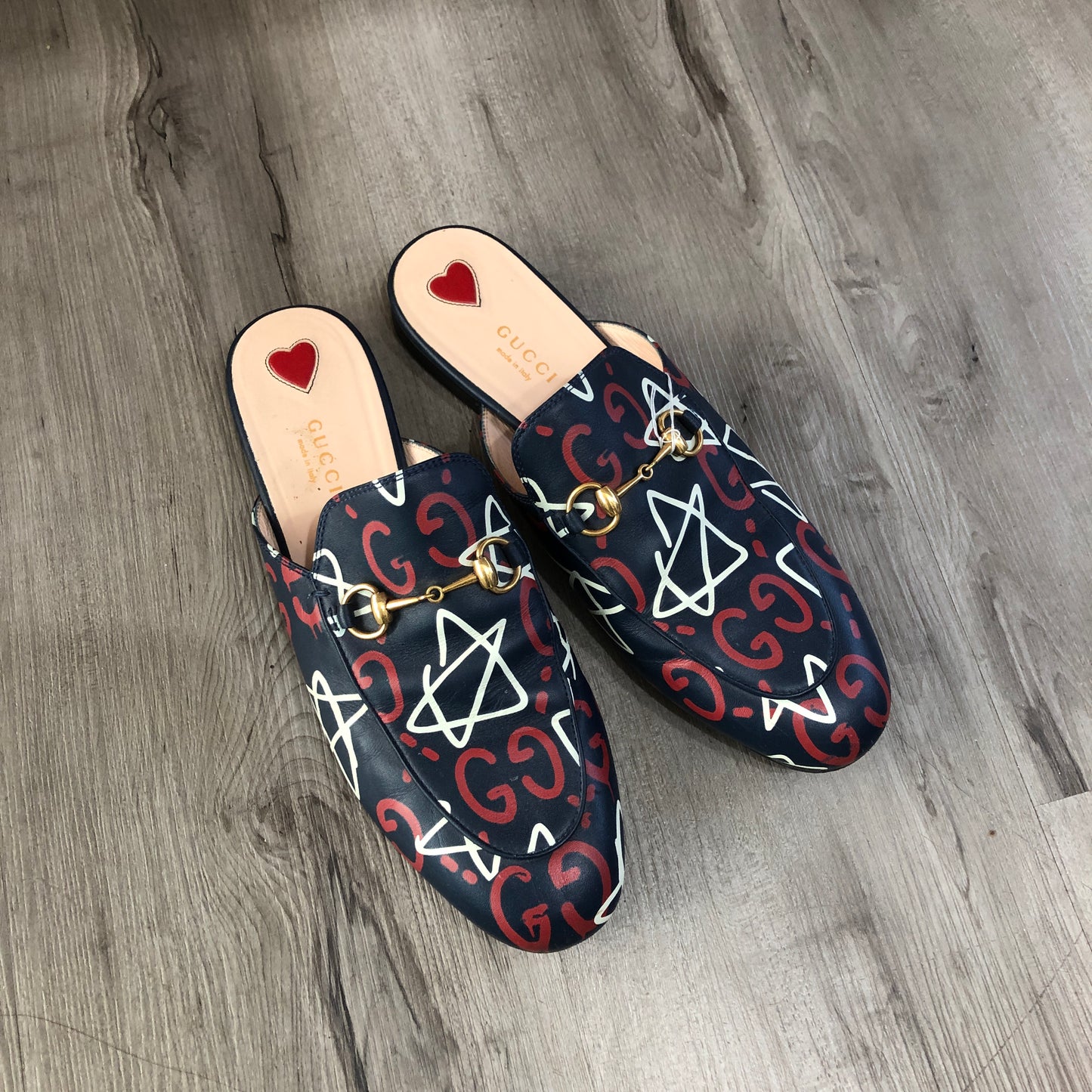 Gucci Star Print Princetown Backless Mule Loafers Size 39 Navy Blue White Red
