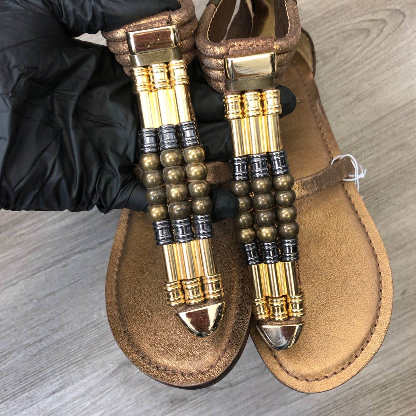 Tory Burch Women's  Embellished T-Strap Flat Sandals 5M Gold/Tan