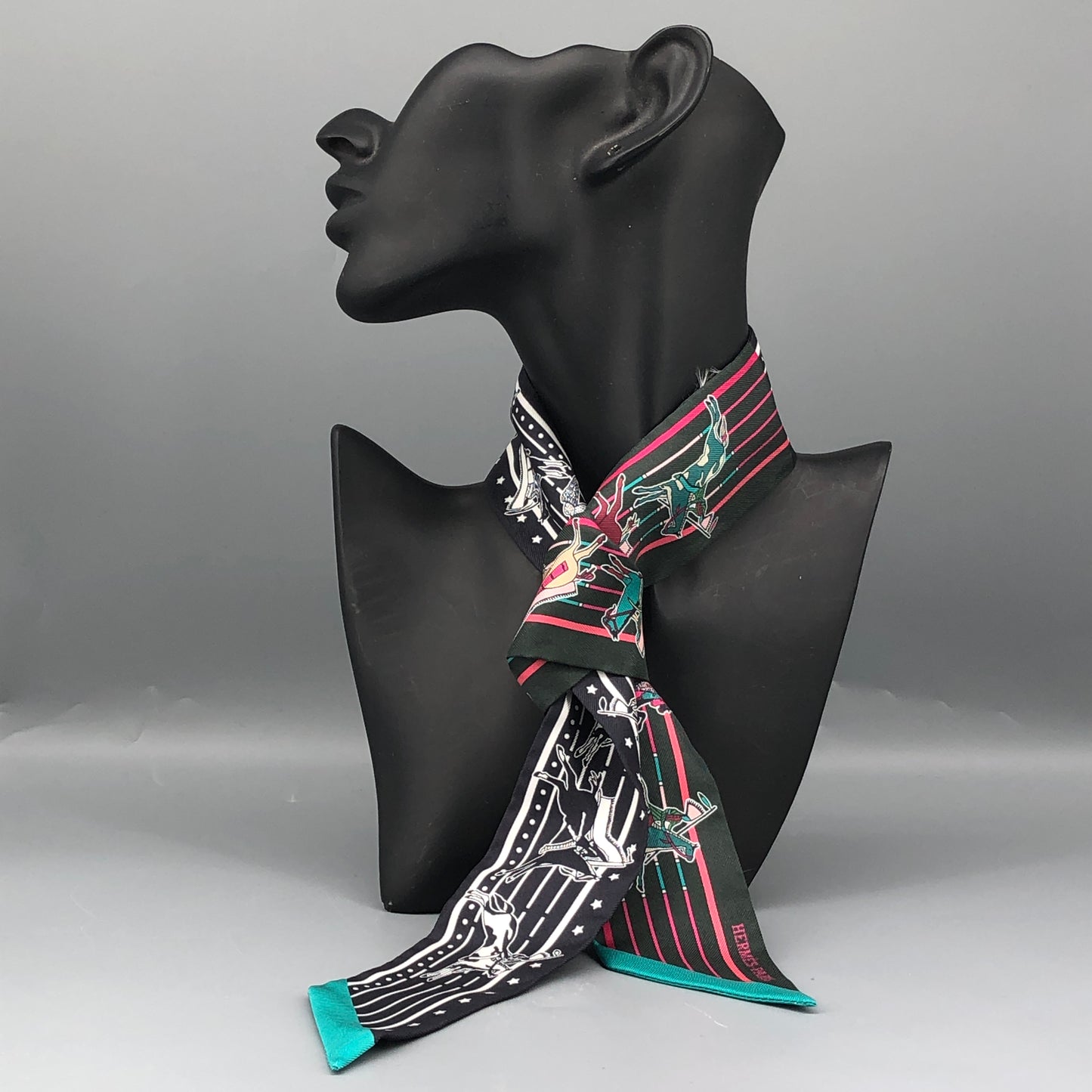 Hermes Printed Silk Twilly Scarf 885cm Dark Green Black Pink