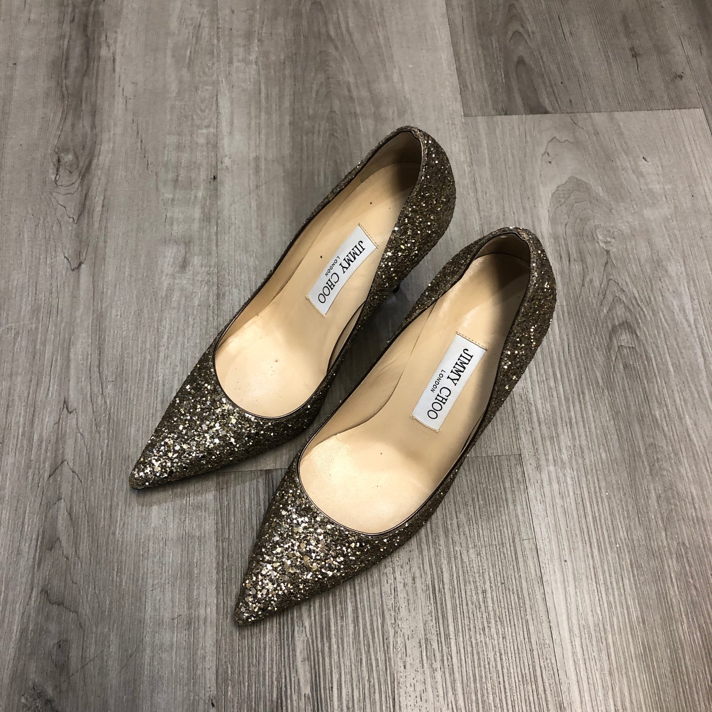 Jimmy Choo Gold Glitter Pointed Toe Pumps 36