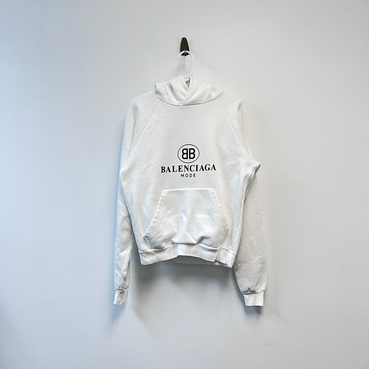 Balenciaga White Hoodie BB Mode Logo Print Front Pocket Size XS