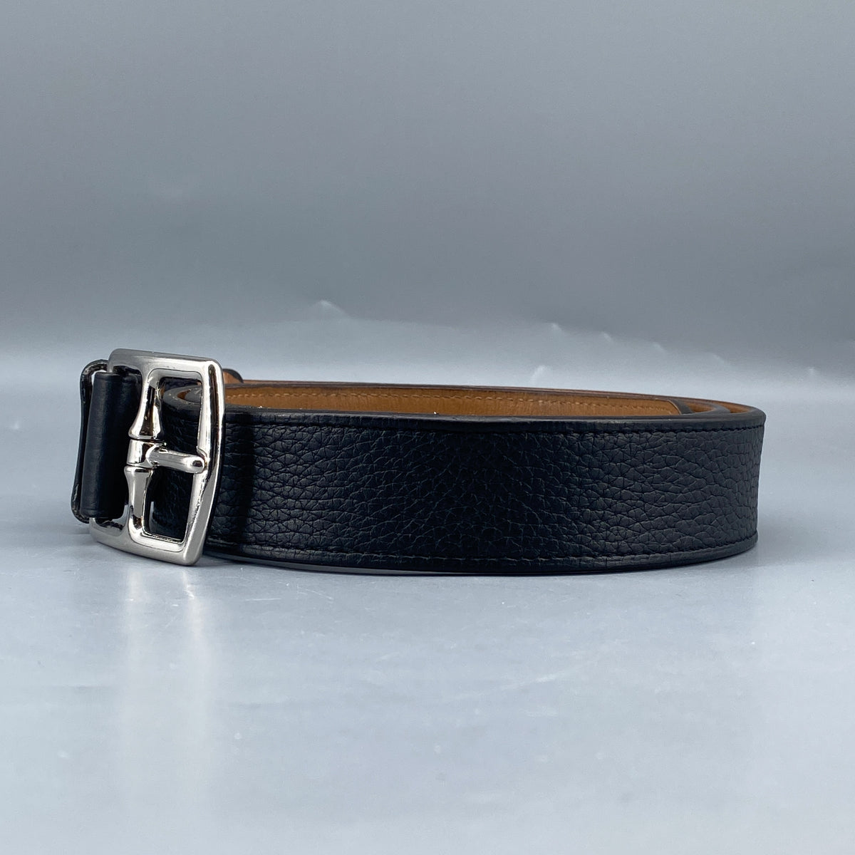 Hermes Black & Tan Leather Etriviere Belt Silver Buckle