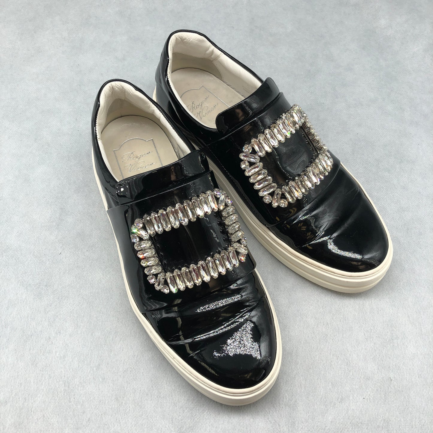 Roger Vivier Black Patent Crystal Buckle Sneakers Women's Shoes Size 37