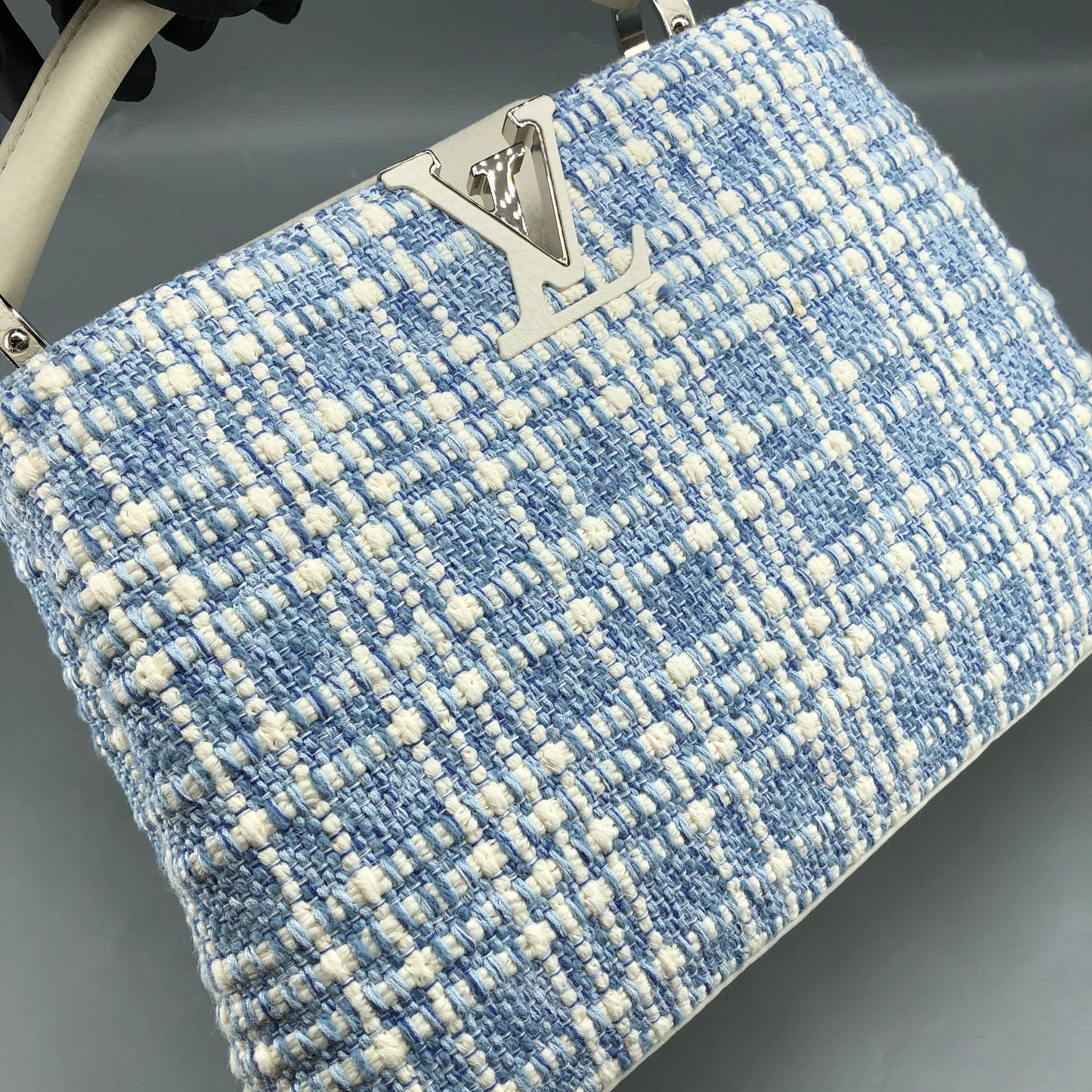 Louis Vuitton Limited Edition Capucines BB Handbag  White & Blue Tweed