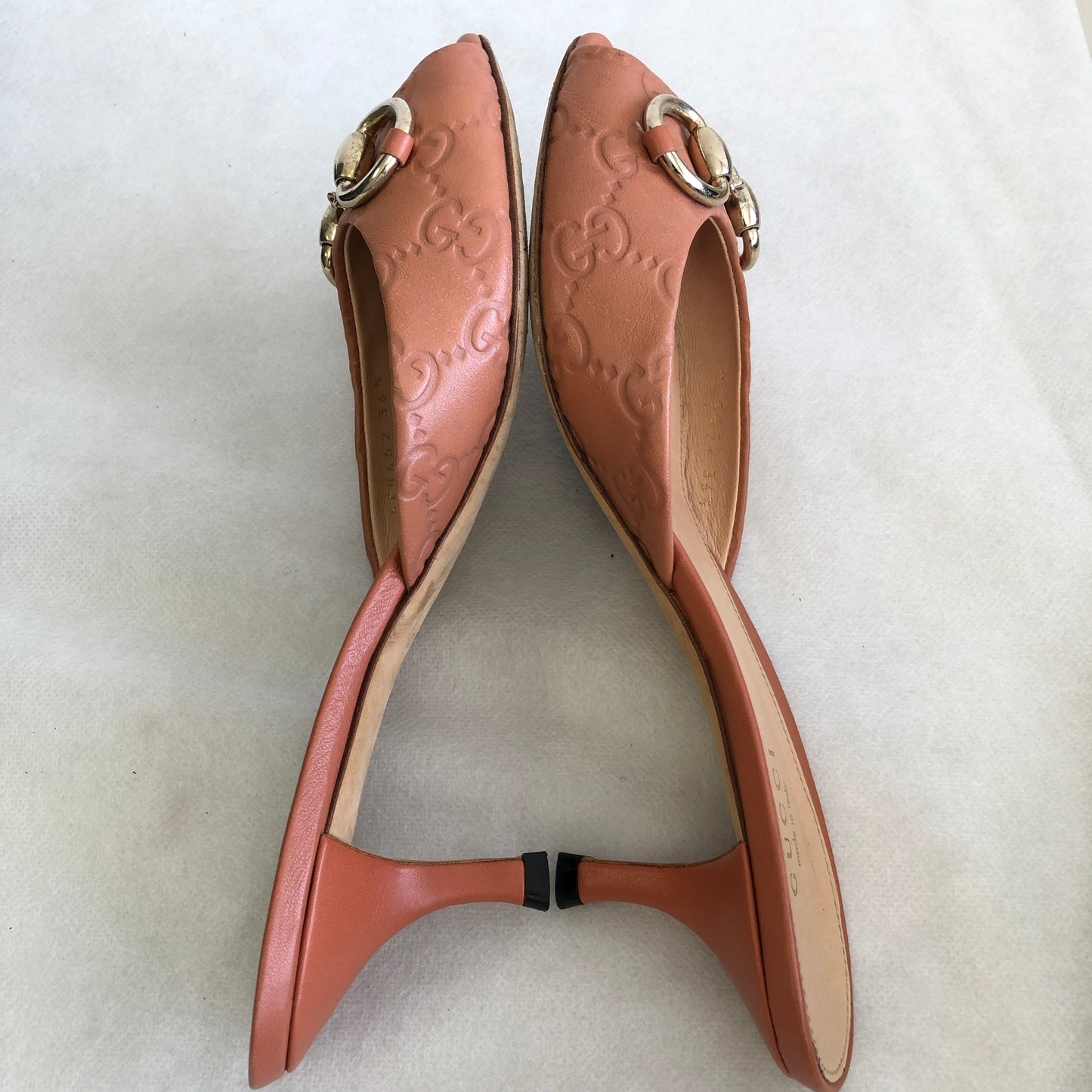 Gucci Women's Coral Leather Women's Horsebit Mule Heels Size 36.5