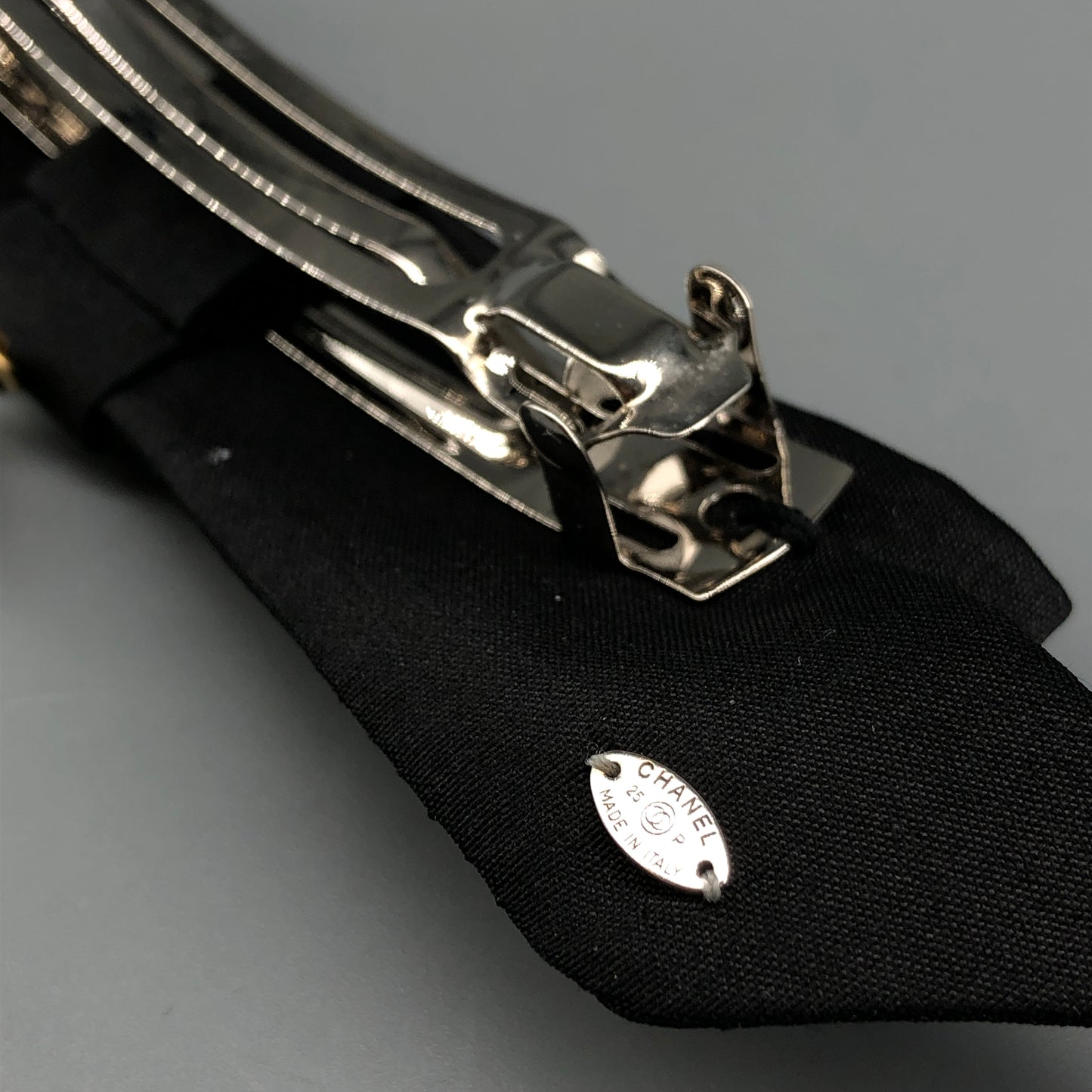 Chanel Black Bow Hair Clip with CC Pearl Charm