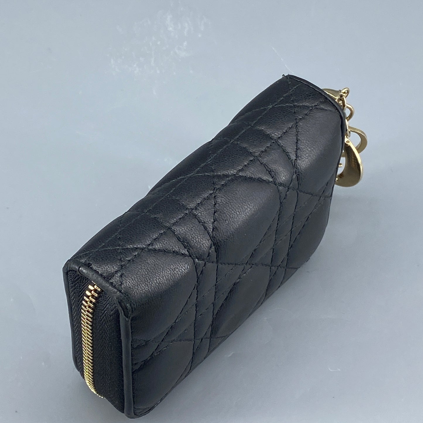 Christian Dior Black Cannage Quilted Zip‑Around Card Wallet