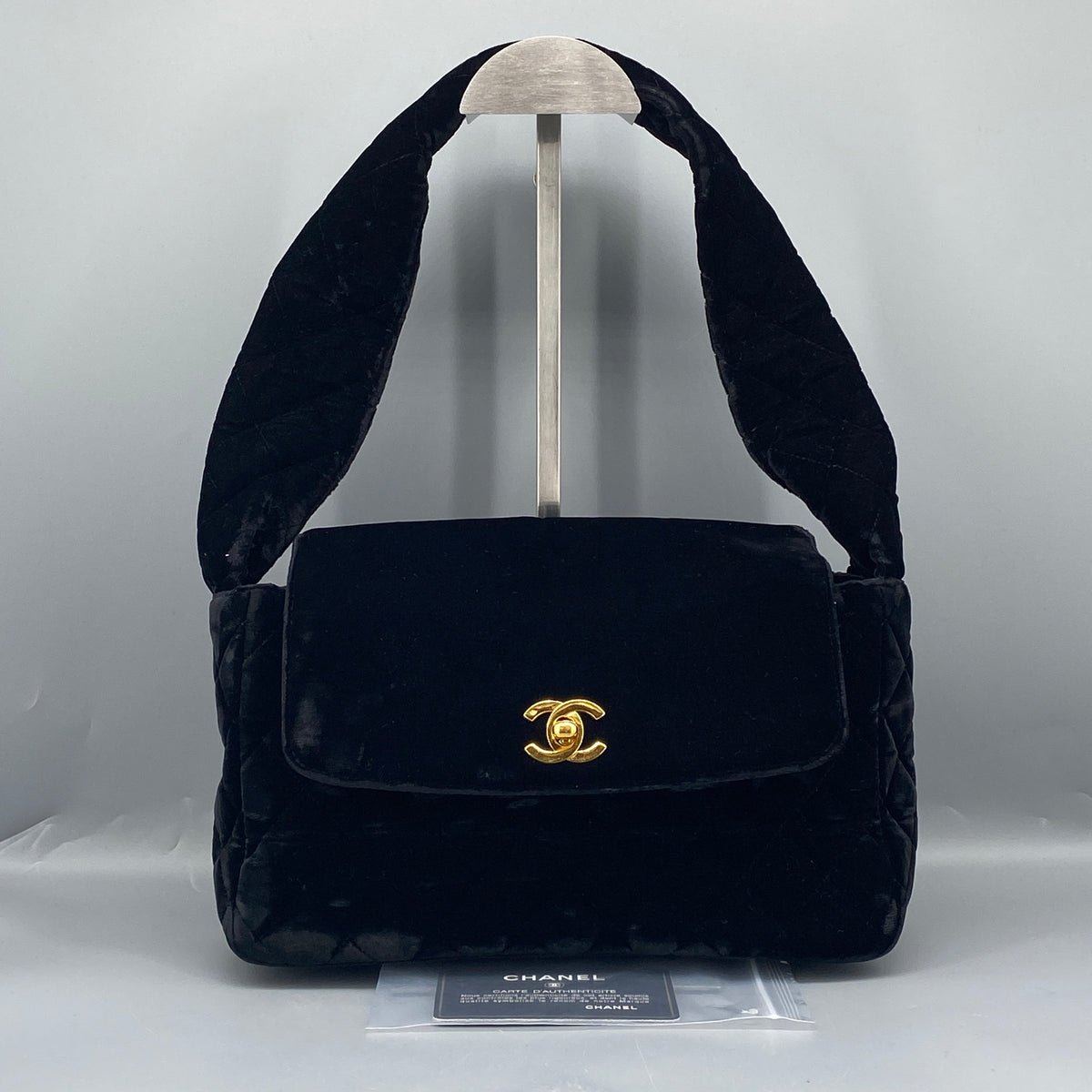 Chanel Vintage Black Velvet Quilted Shoulder Bag