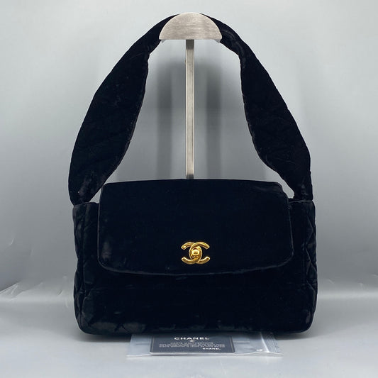 Chanel Vintage Black Velvet Quilted Shoulder Bag