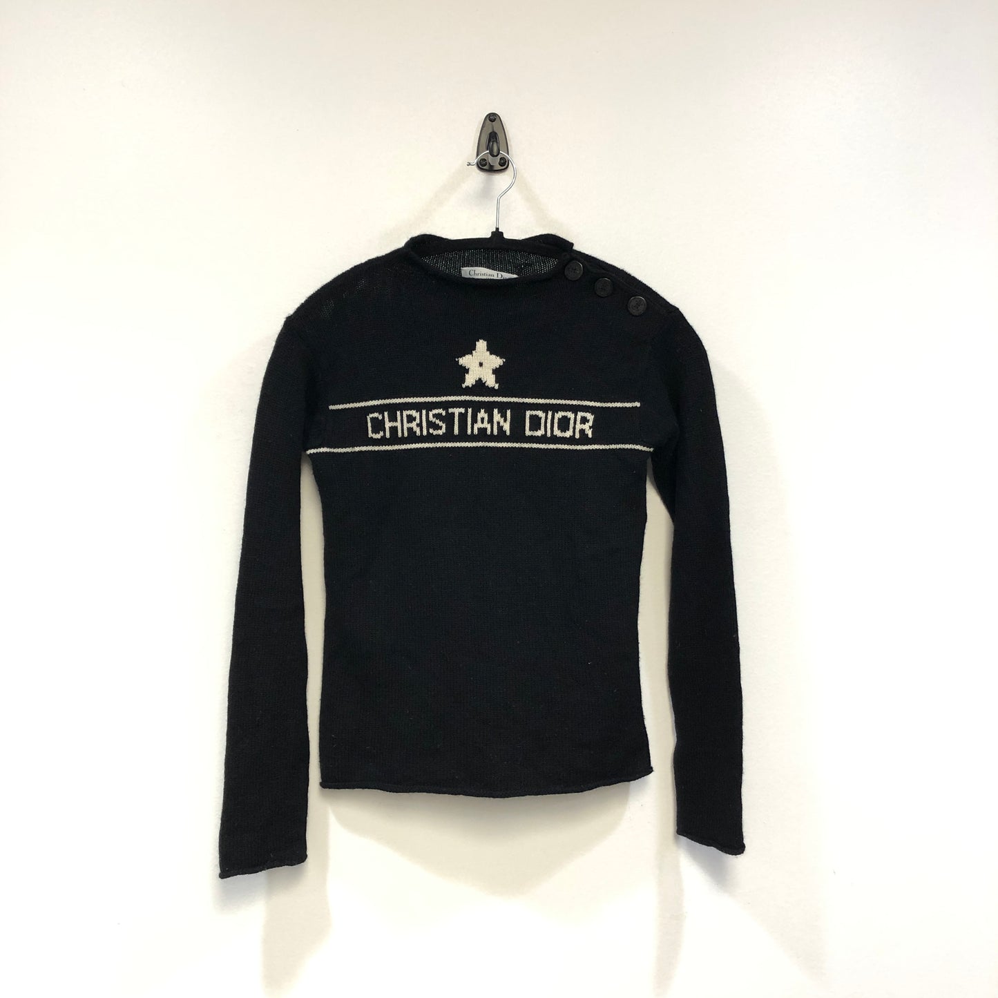 Christian Dior Black Fine Knit Star Logo Crew Neck Sweater Size USA 2
