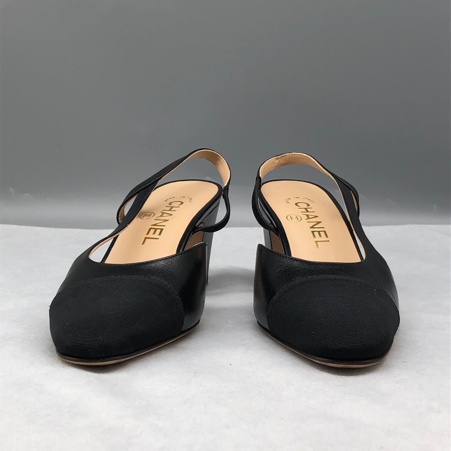 Chanel Black Satin & Leather Cap-Toe Slingback Block Heel Pumps Size 36