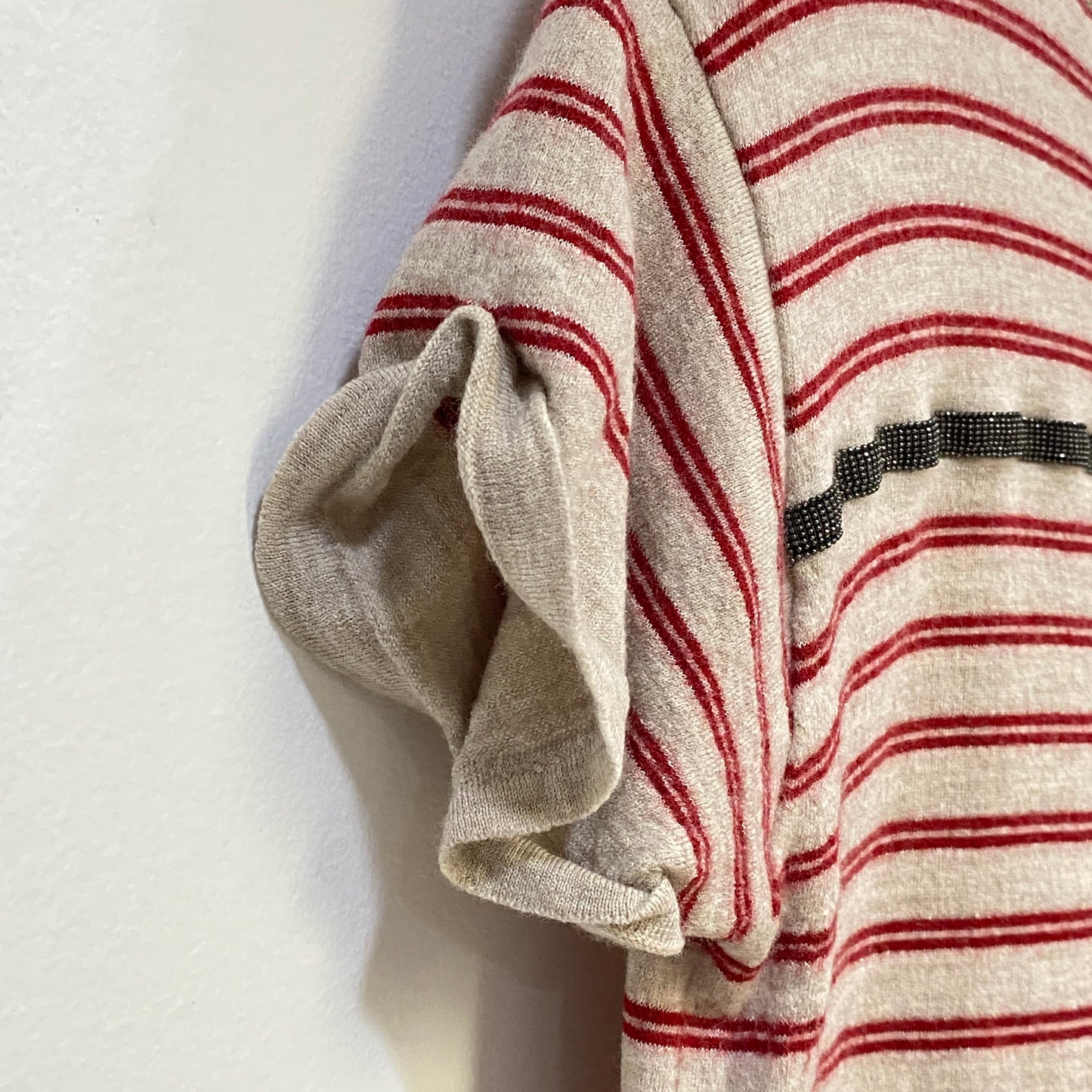 Brunello Cucinelli Grey Red Striped Short Sleeve Knit Top Size S