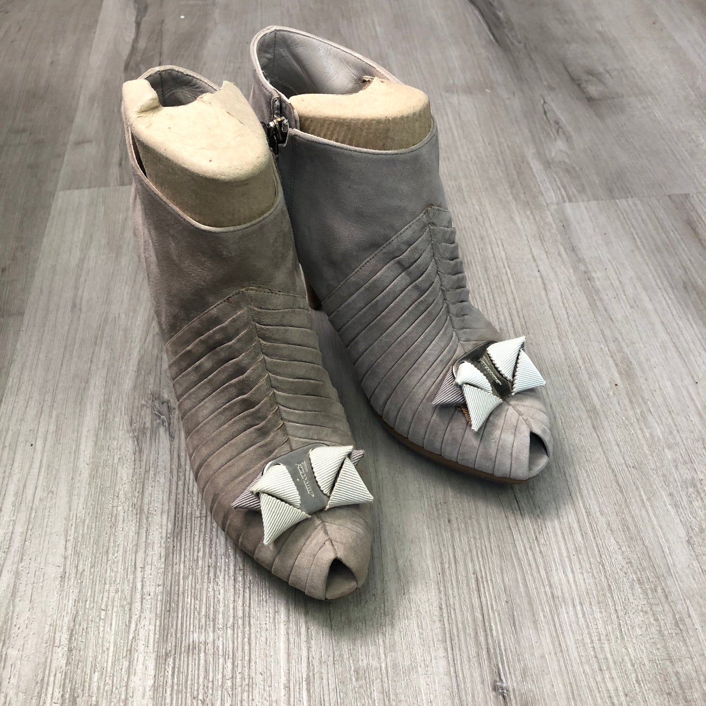 Salvatore Ferragamo Nude Suede Peep Toe Ankle Booties Size 6.5
