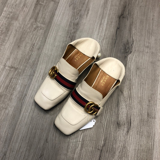 Gucci Women's Web Stripe Pearl Heel Mule Slip On Loafer Shoes 36.5 Cream Red Green