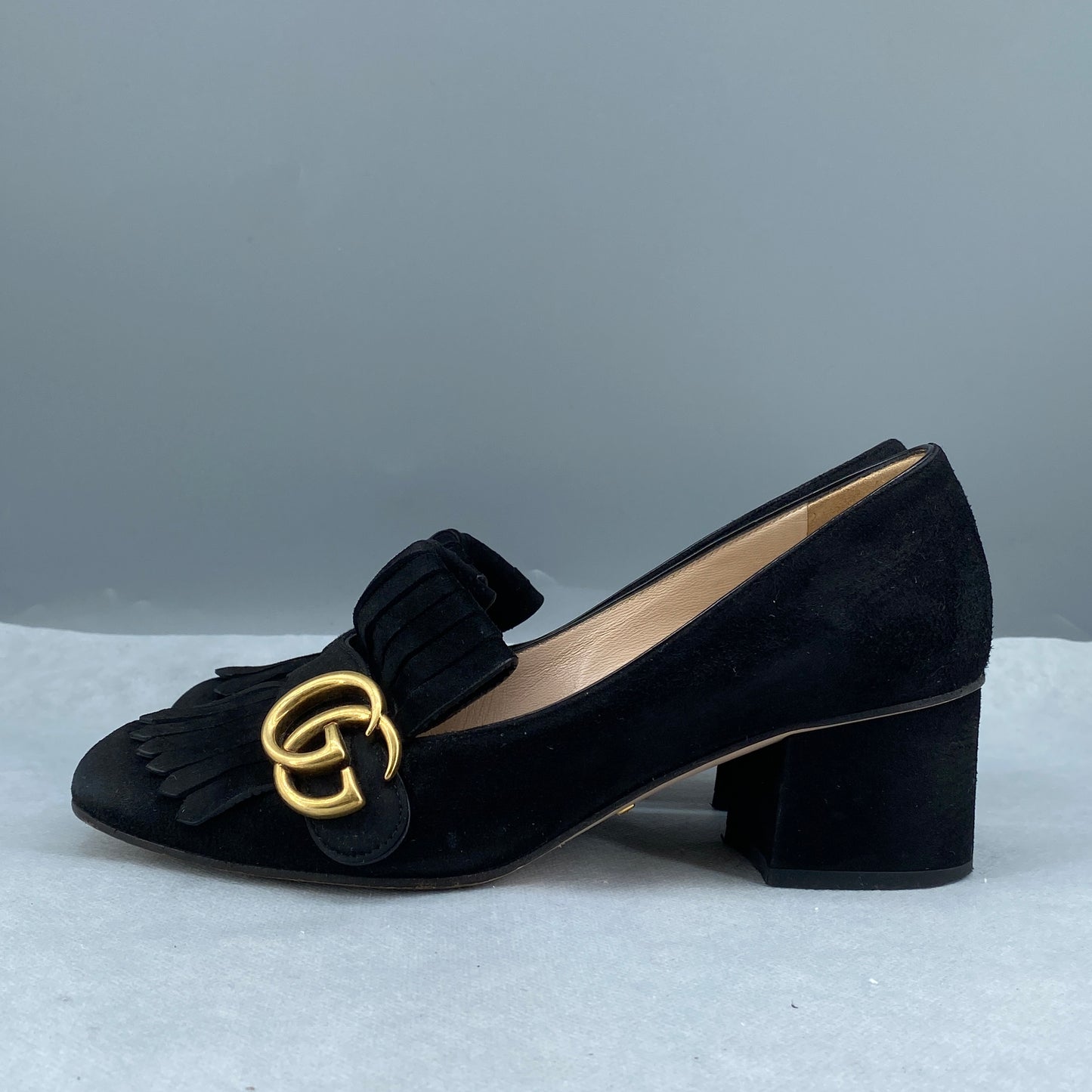Gucci Suede Double G Tassel Low Heel Shoes Size 36 Black