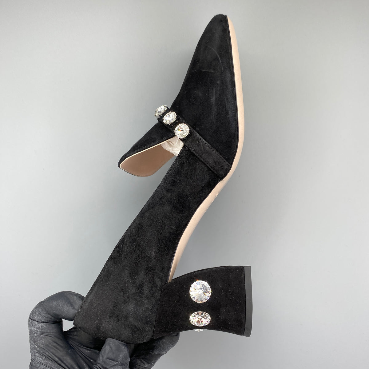 Miu Miu Black Suede Crystal Block Heel Women Shoes Size 36