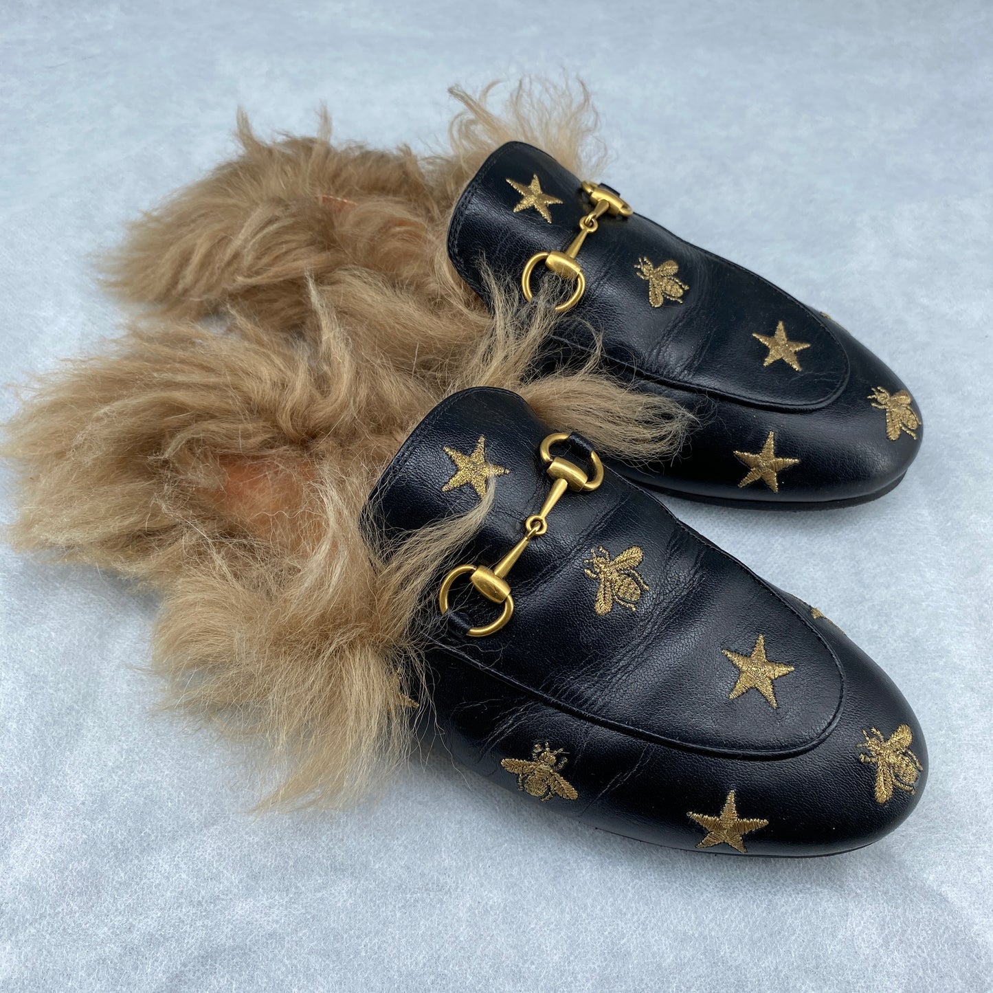 Gucci Women's  Black Leather Star Embroidery Horsebit Fur Lined Backless Mule Loafers Outsole 26cm