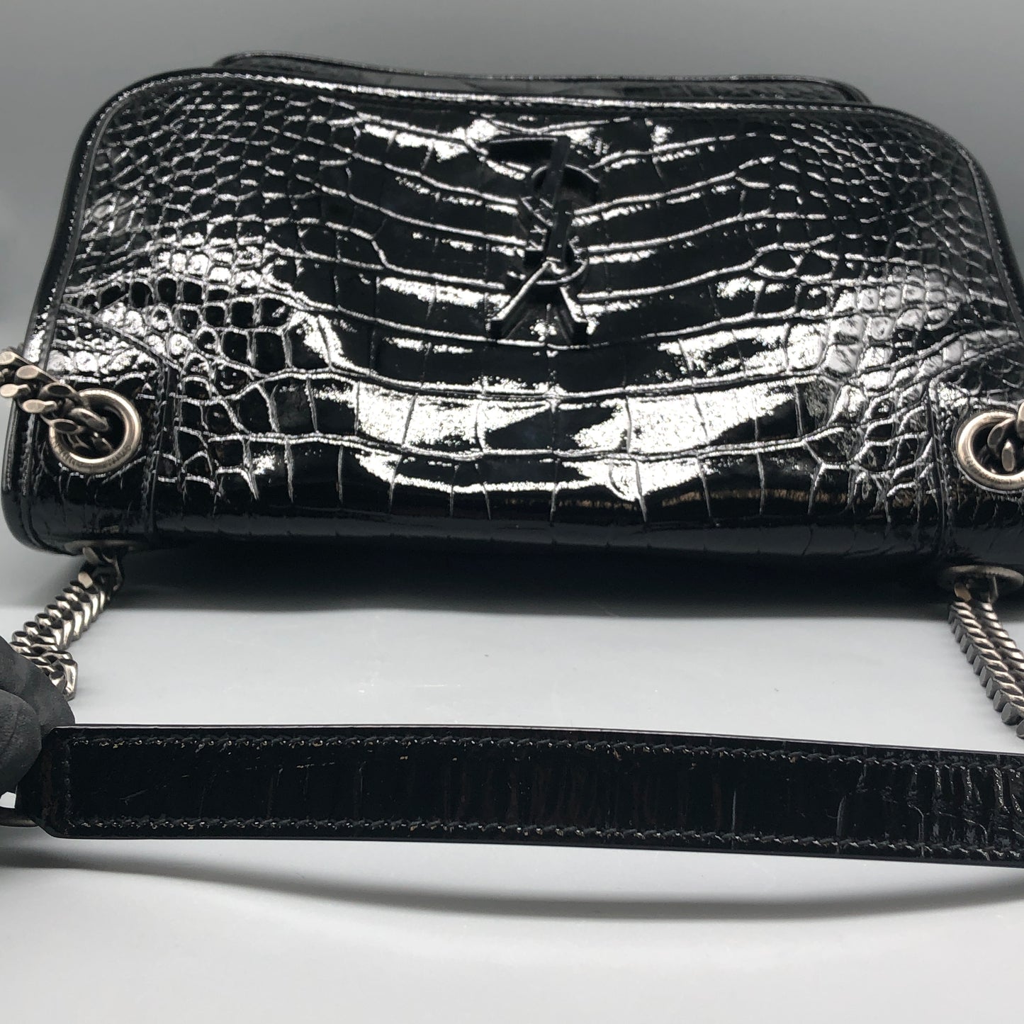 Saint Laurent Patent Crocodile Embossed Medium Niki Chain Satchel Bag