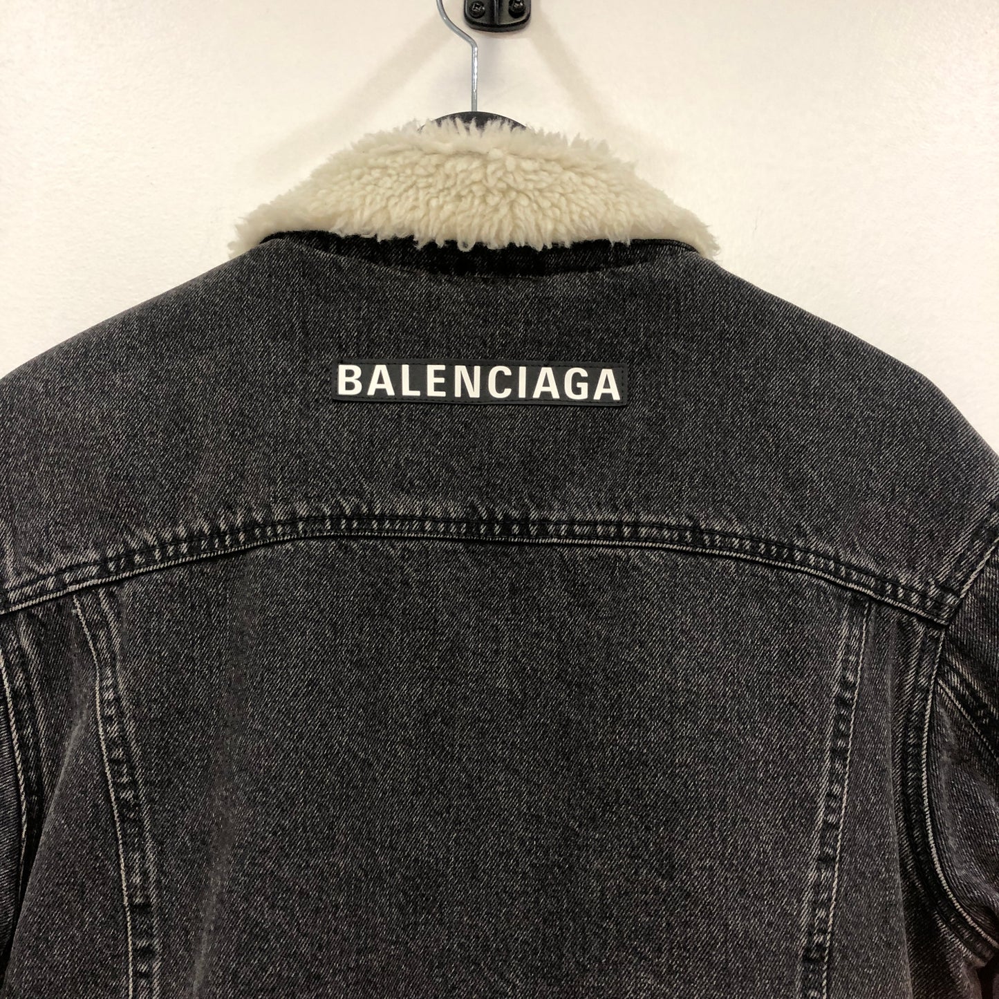 Balenciaga Faded Black Shearling Denim Jacket Size 36
