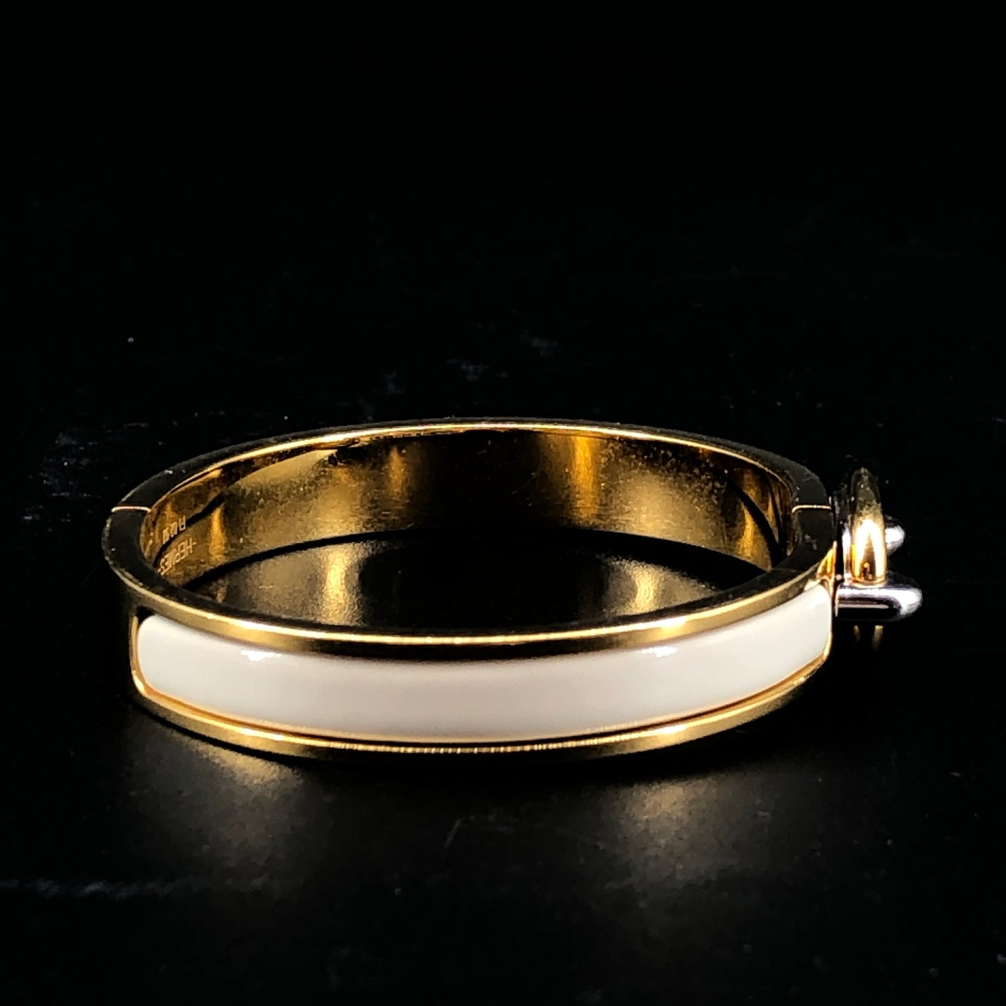 Hermes White Enamel Gold H Buckle Bangle Bracelet