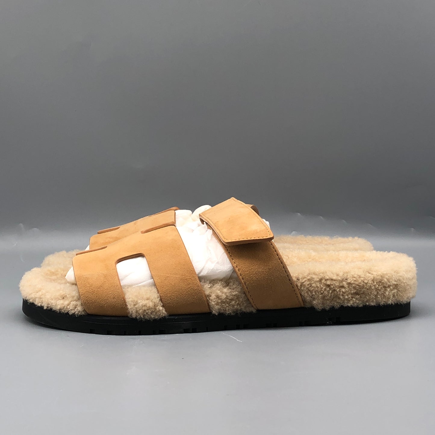 Hermes Tan Shearling H Slide Sandals Size 40 shoes