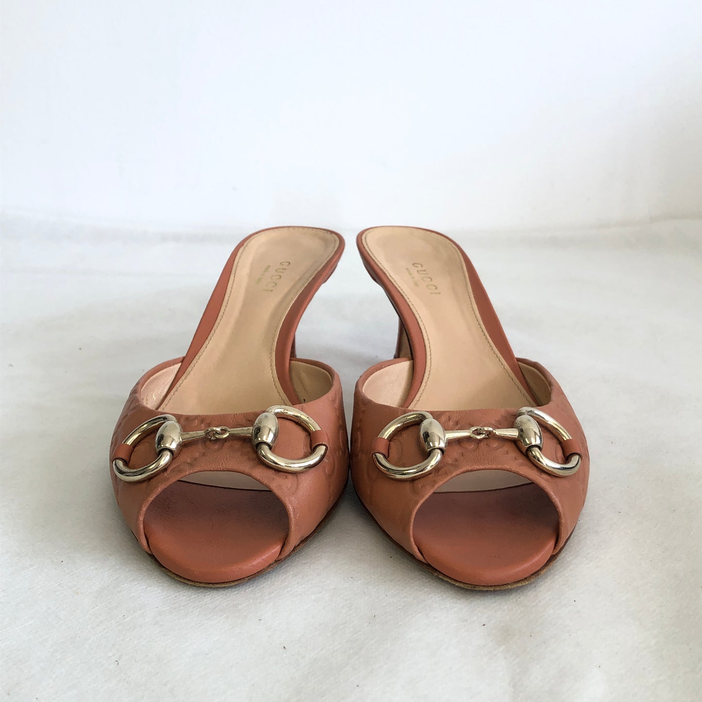 Gucci Women's Coral Leather Women's Horsebit Mule Heels Size 36.5