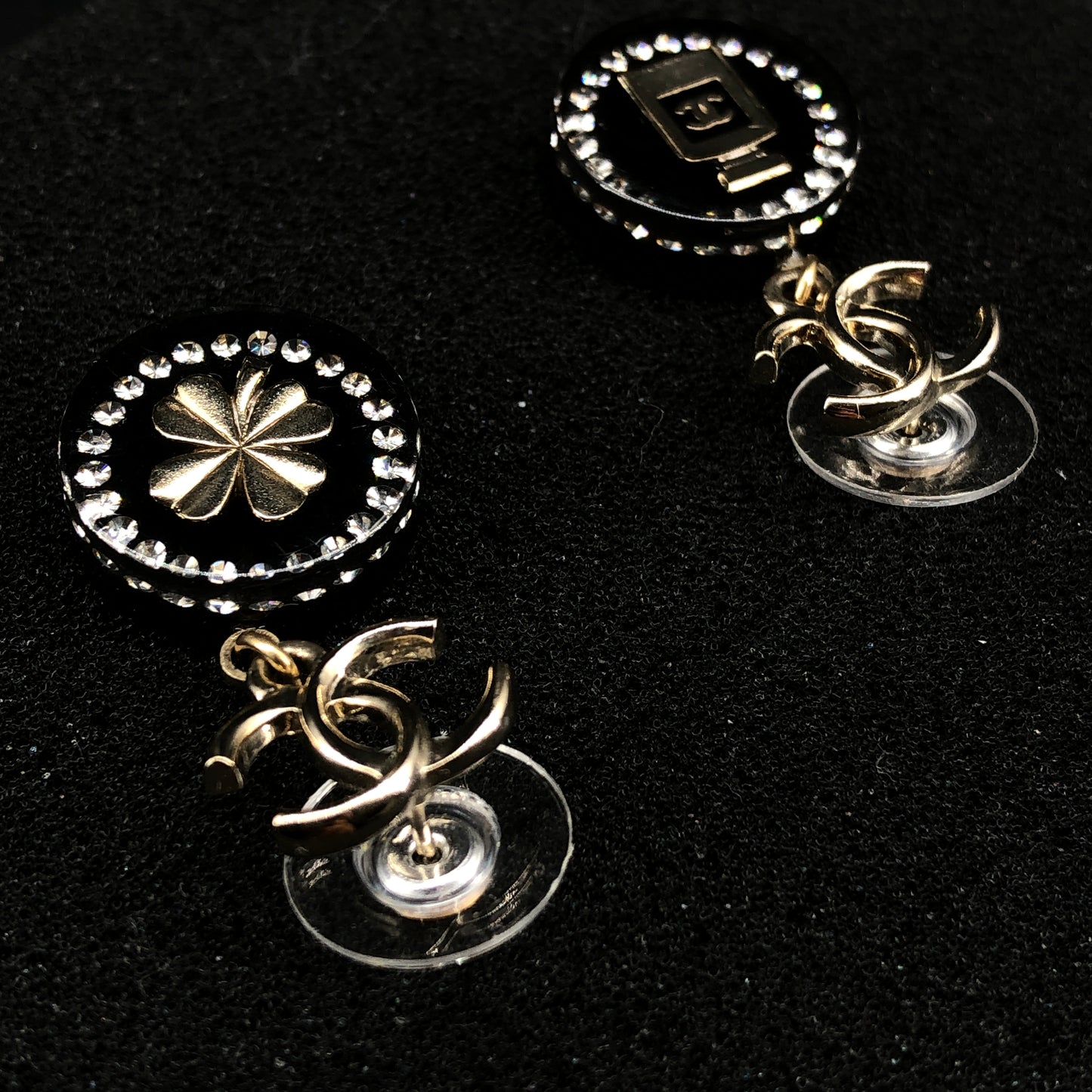 Chanel 2021 Gold Tone Black Enamel Crystal Round Drop Earrings