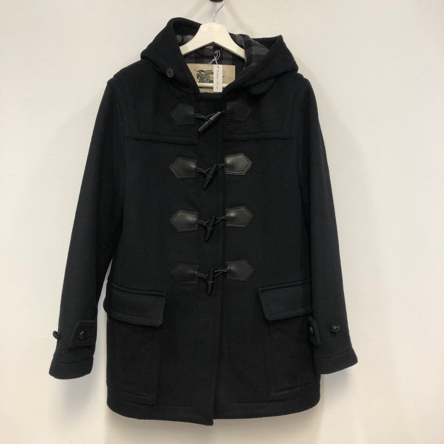 Burberry Black Wool Duffle Hooded Coat Size48