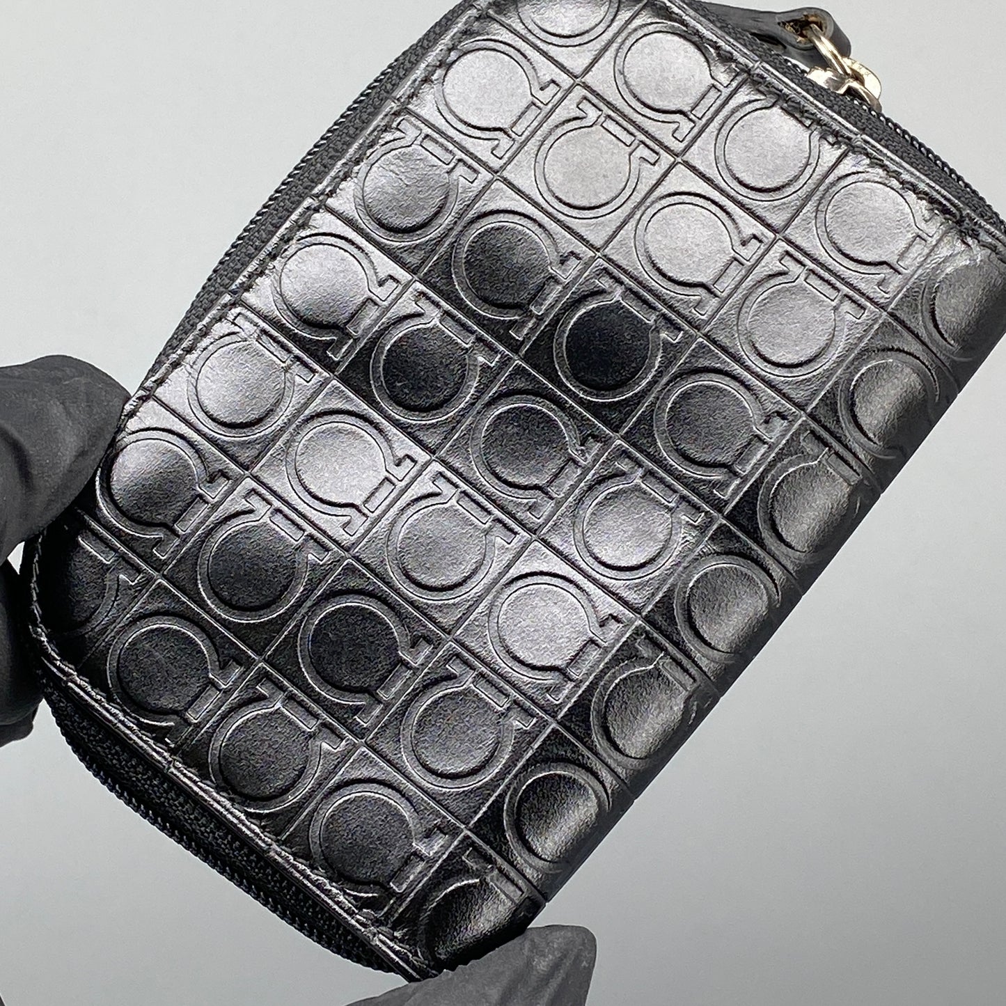 Ferragamo Black Embossed Gancini Full-Zip Mini Coin Purse
