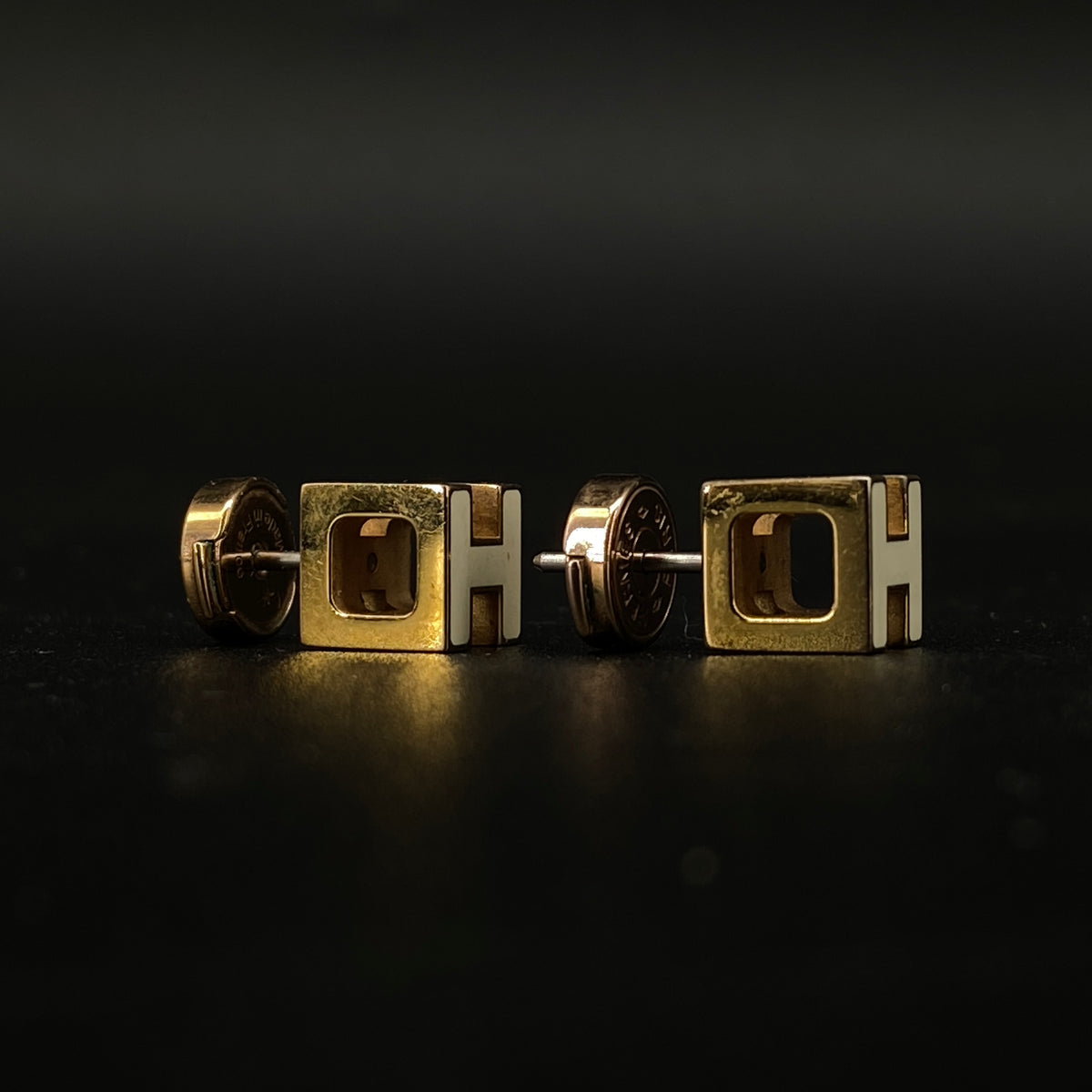 Hermes Gold & Cream H Logo Stud Earrings