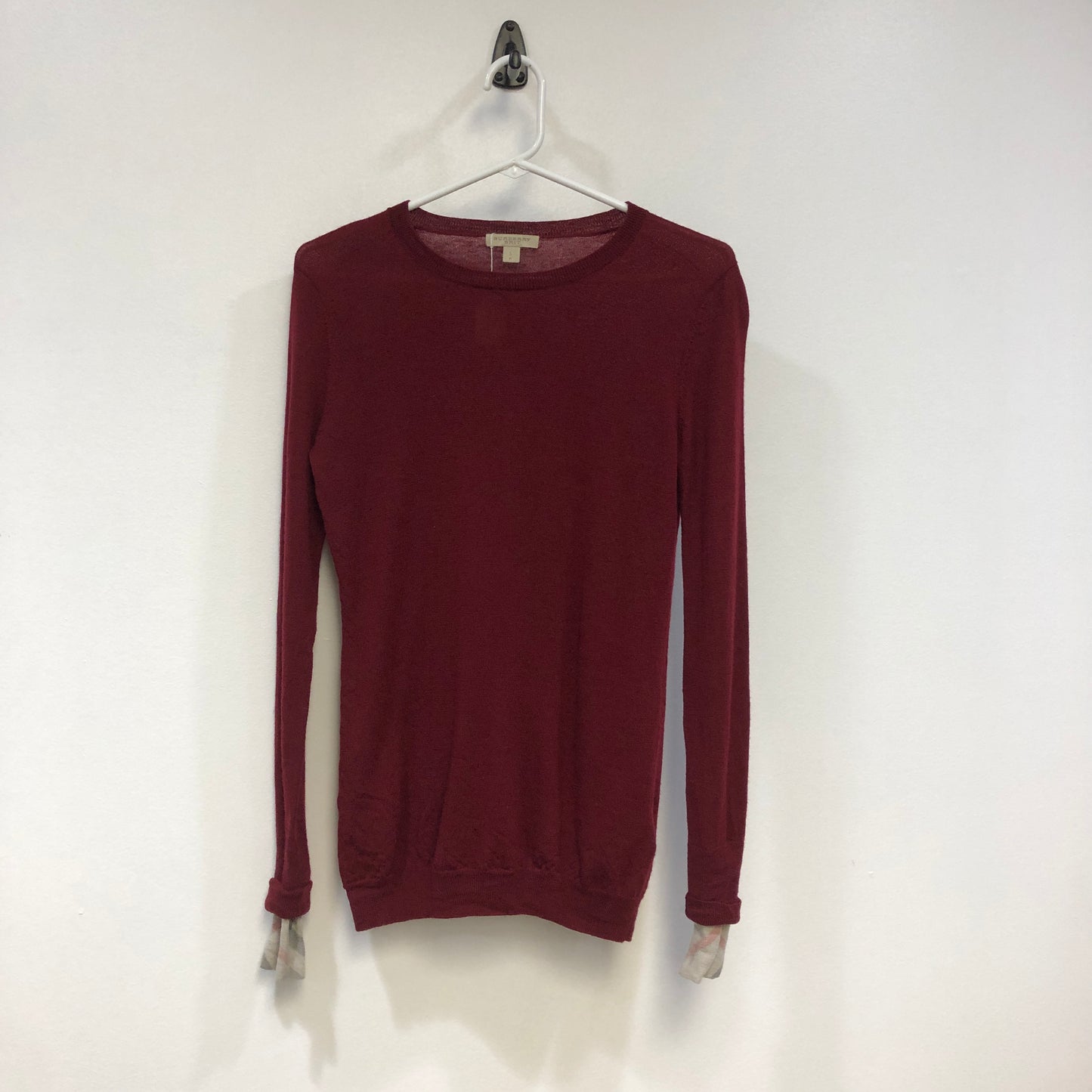 Burberry Burgundy Fine Knit Crew Neck Jumper Size S