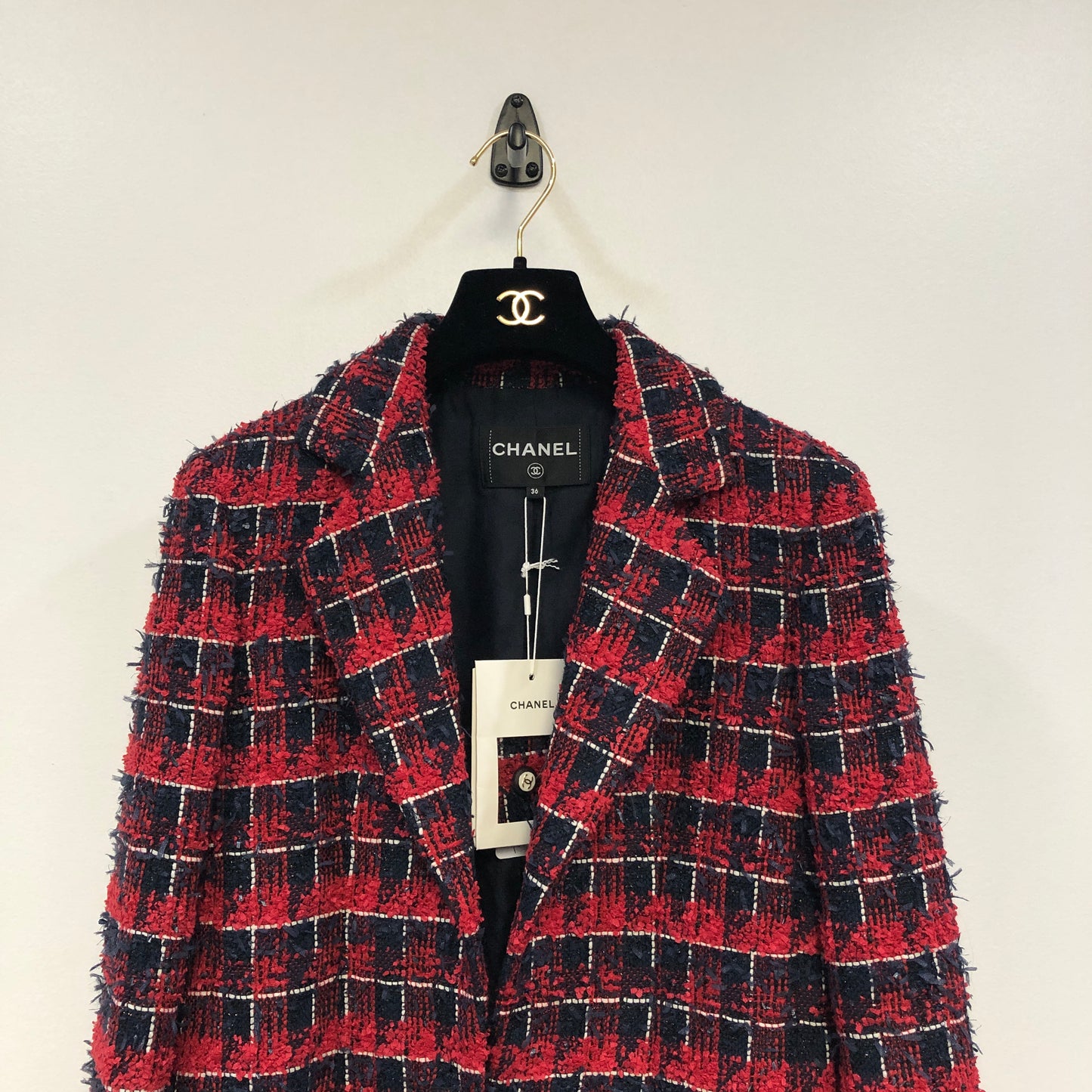 Chanel Red & Navy Blue Plaid Tweed Blazer Lapel Collar Size 36