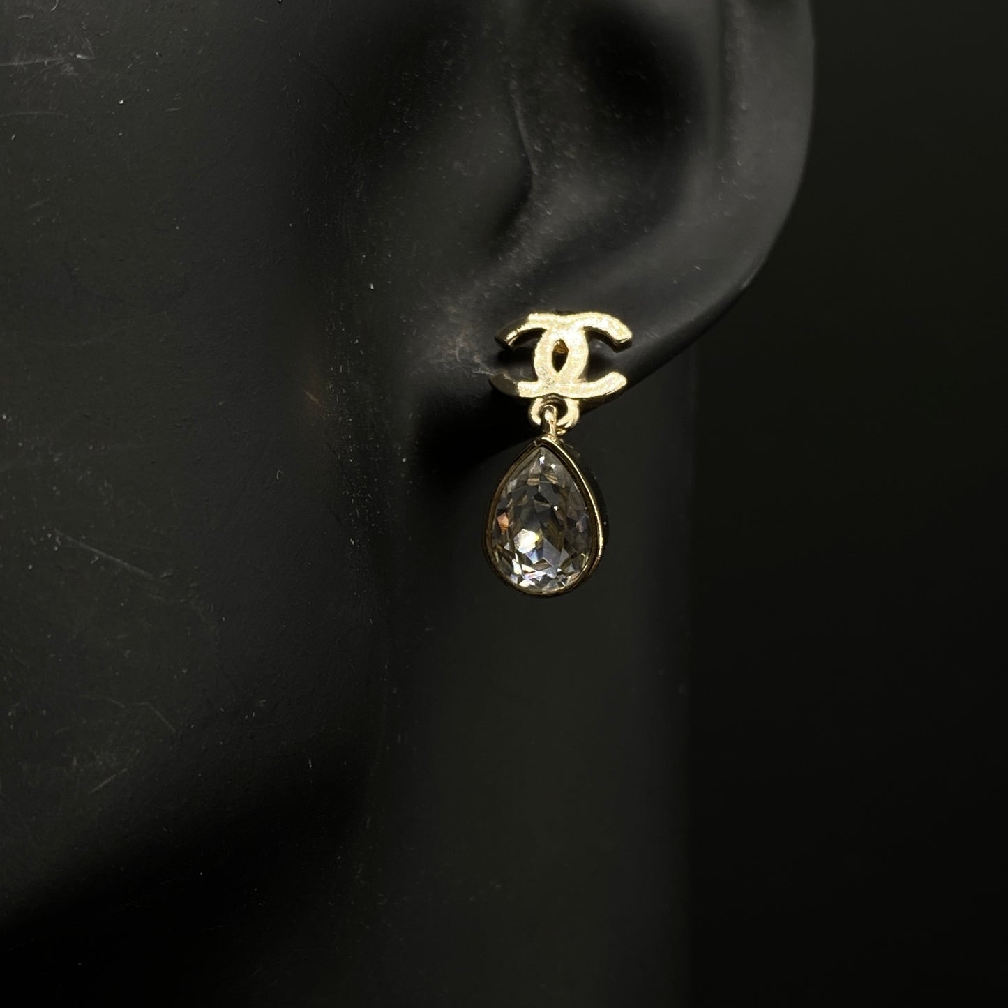 Chanel 2022 Gold-Tone Double C Teardrop Crystal Drop Earrings