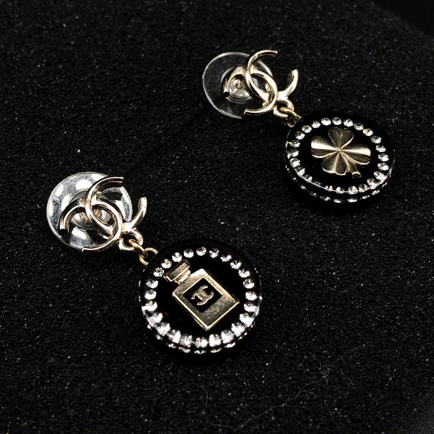 Chanel 2021 Gold Tone Black Enamel Crystal Round Drop Earrings