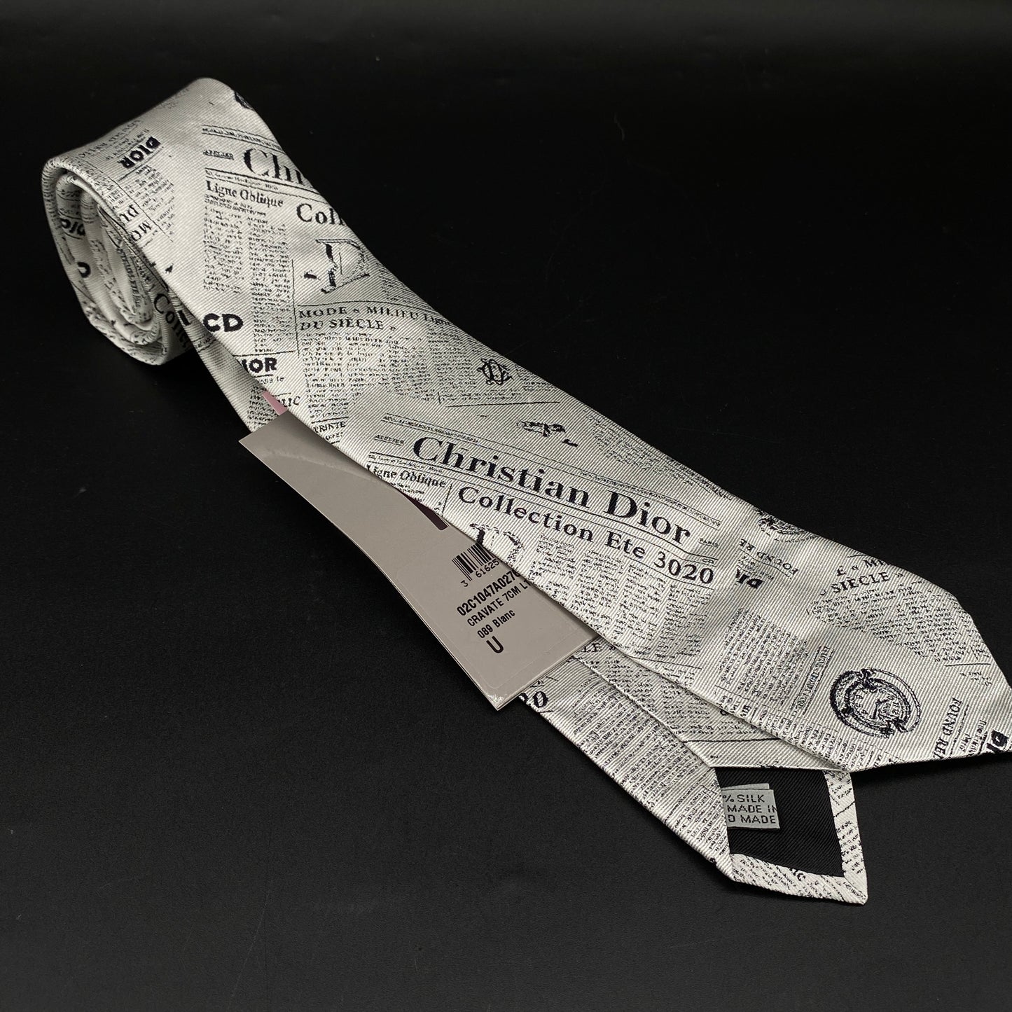 Christian Dior NWT Grey Newspaper Print Silk Tie
