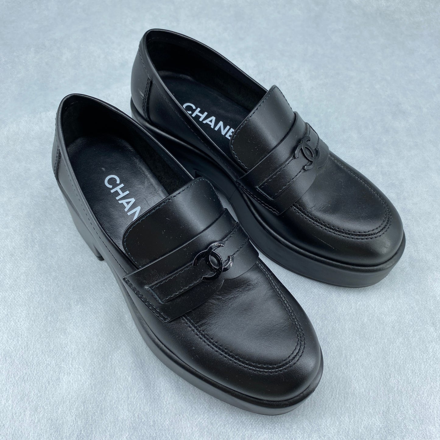 Chanel Black Platform Loafers Women Shoes Size 36