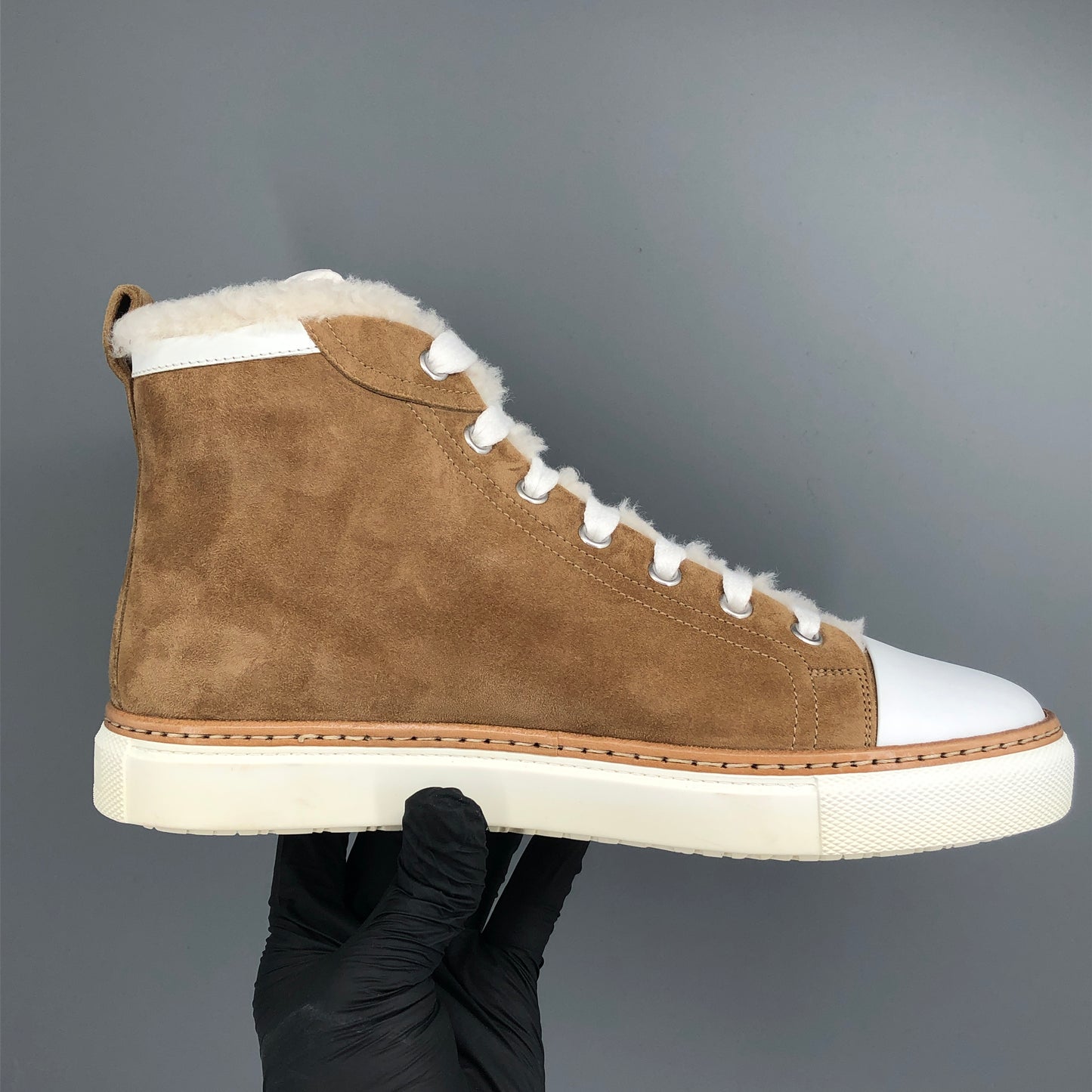 Hermes New Brown Suede Shearling Lined High Top Sneakers 38