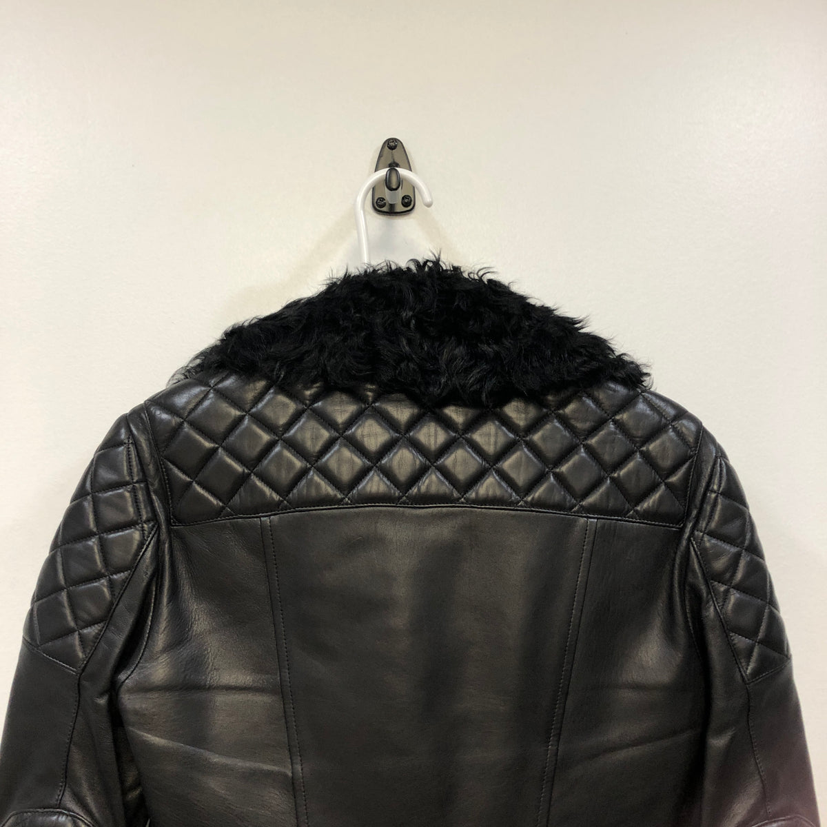 Burberry Black Shearling Collar Leather Biker Jacket US size 4