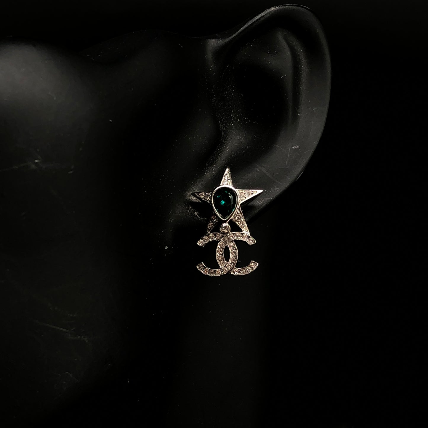 Chanel Crystal CC Logo Star Drop Earrings Silver Color