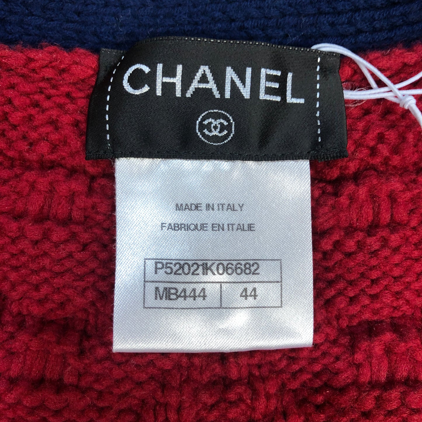 Chanel Red Cable Knit Cardigan with Navy Trim Size 44