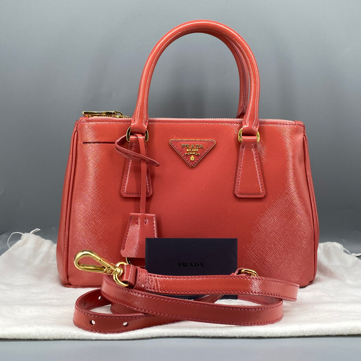 Prada Saffiano Vernice Small Galleria Double Zip Tote Arancio