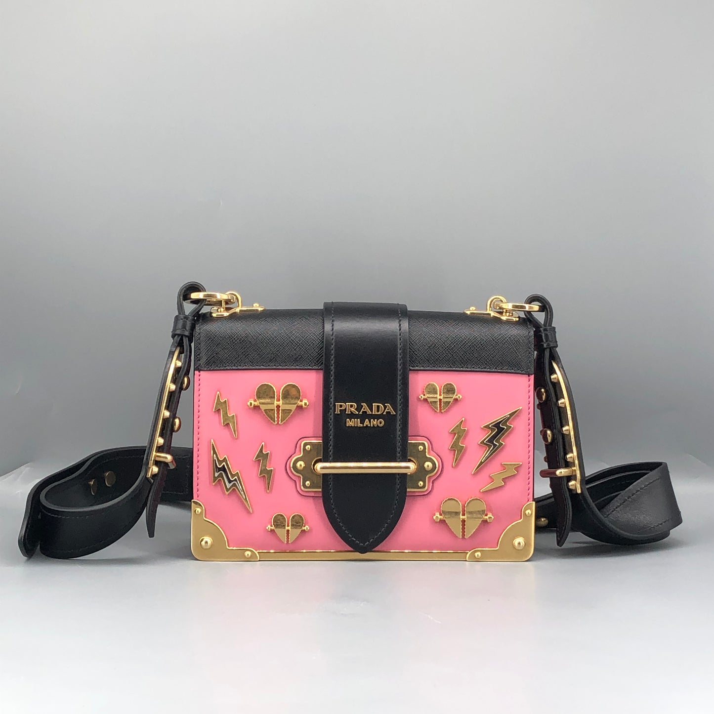 Prada Cahier Studded Leather Crossbody Shoulder Bag Pink Black