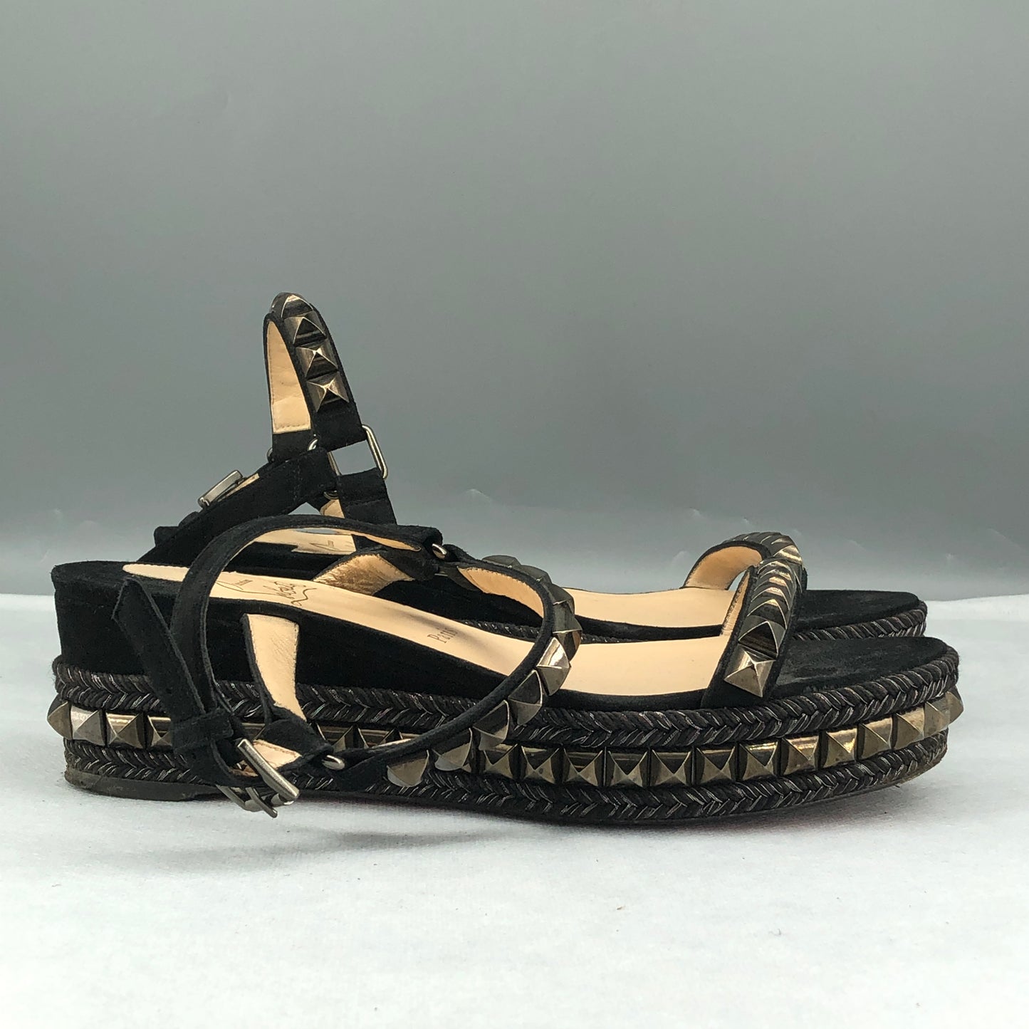 Christian Louboutin Women's Spiked Suede Platform Ankle Strap Sandals Size 38 Black