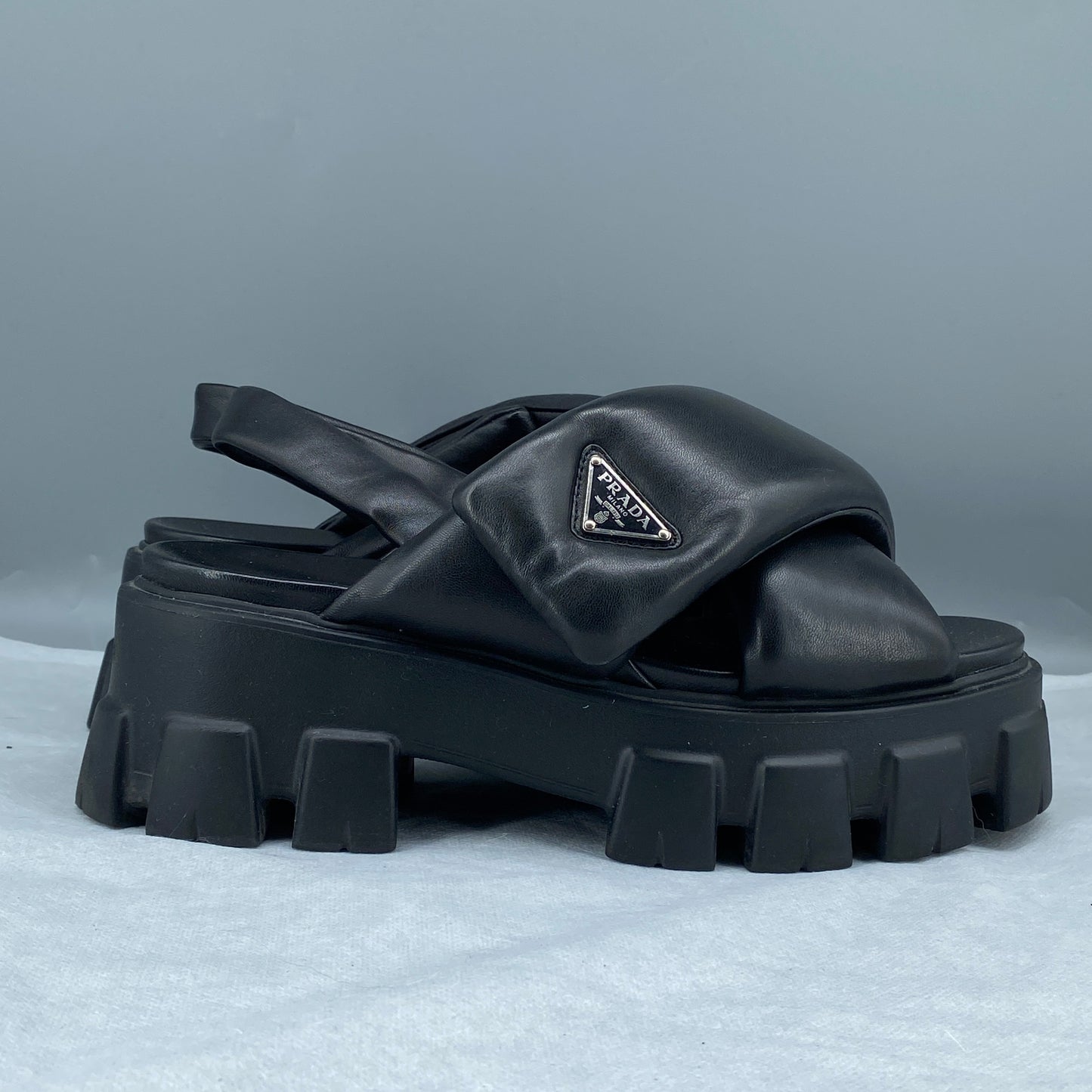 Prada Women's Black Leather Cross Strap Lug Sole Back Strap Platform Sandals Size 38